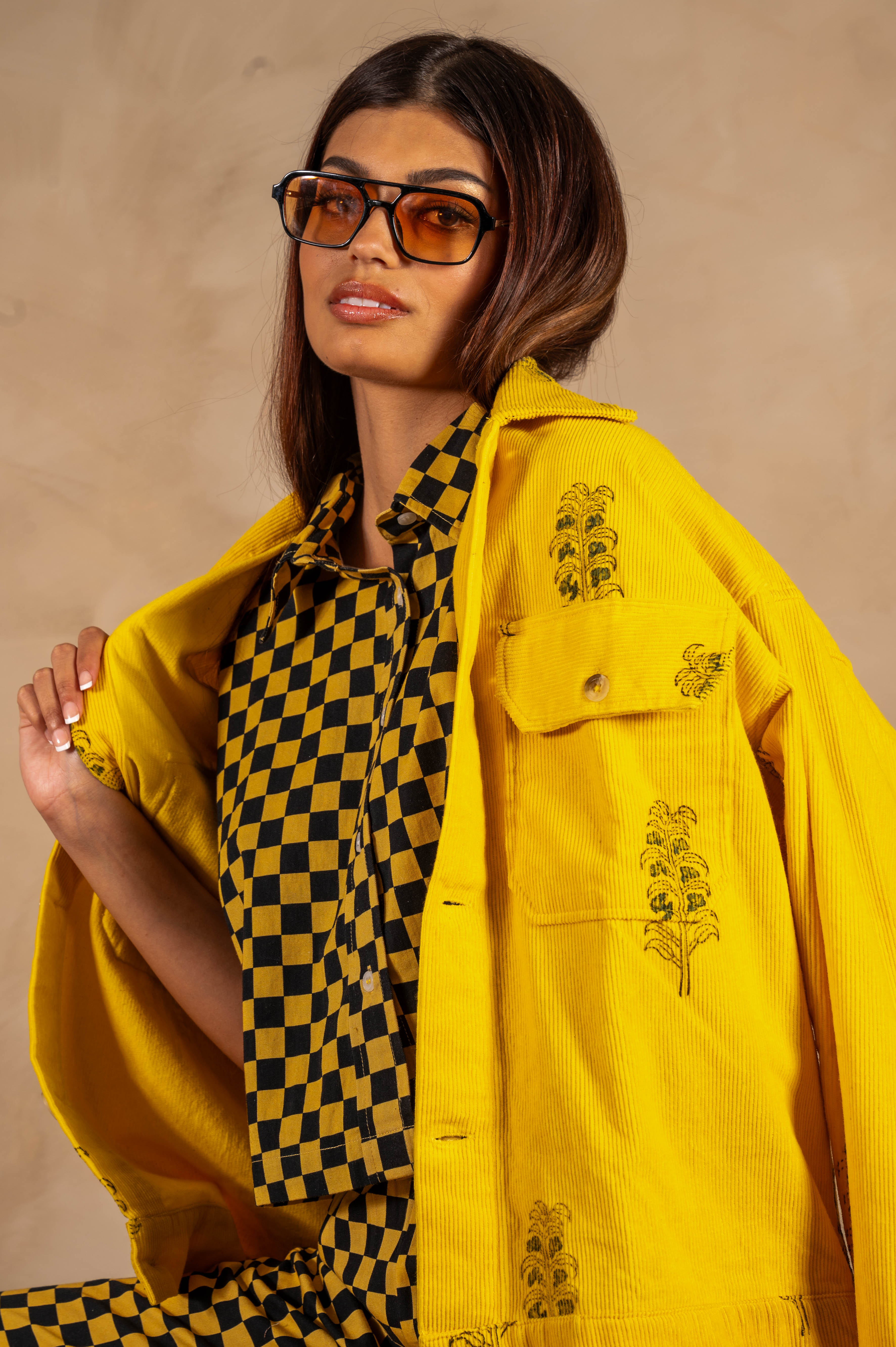 Hand Printed 'The Cami' Crop Shirt in Yellow and Black Checkers