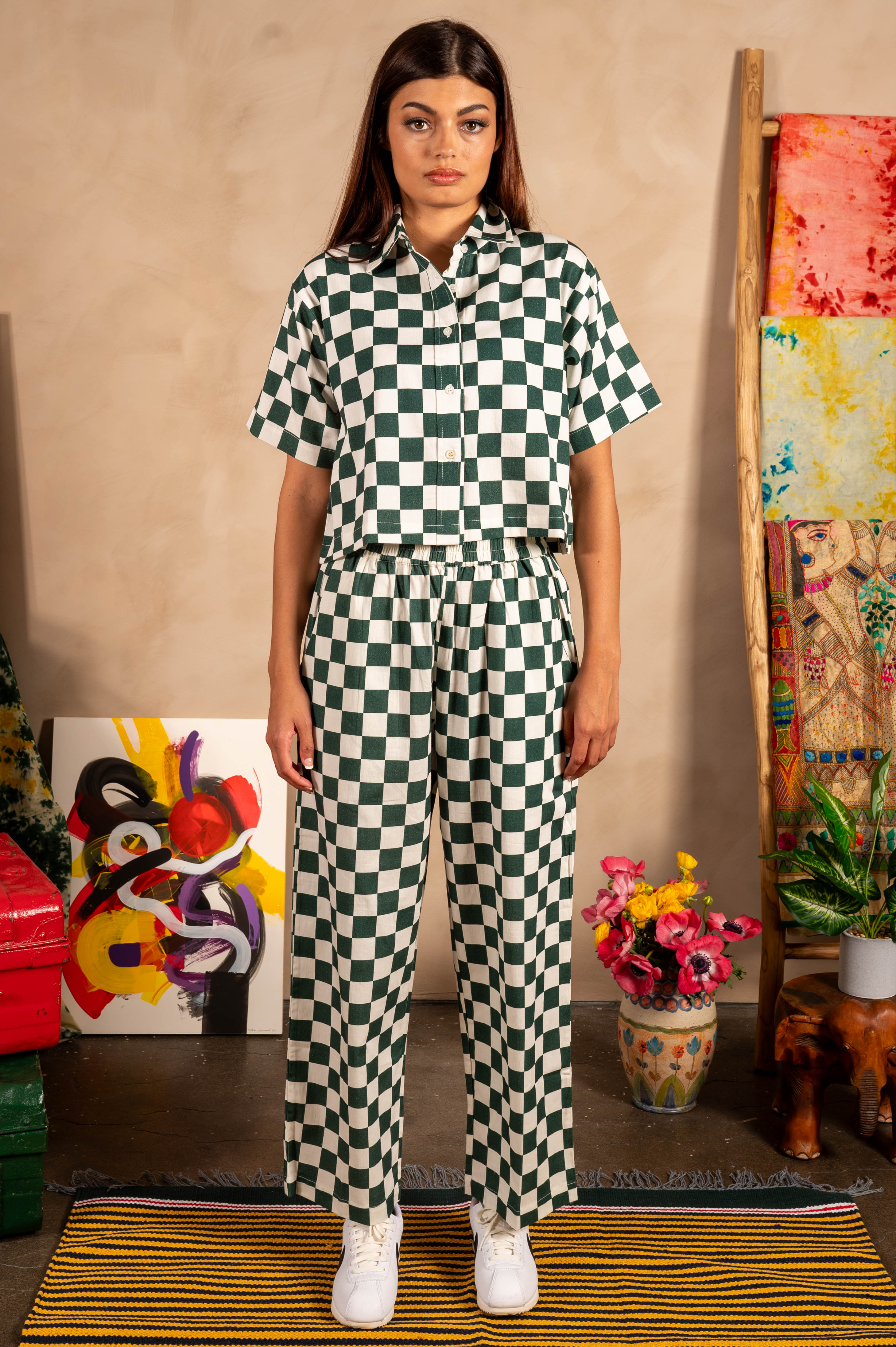 Hand Printed 'Seema' Pants in Green and White Chessboard