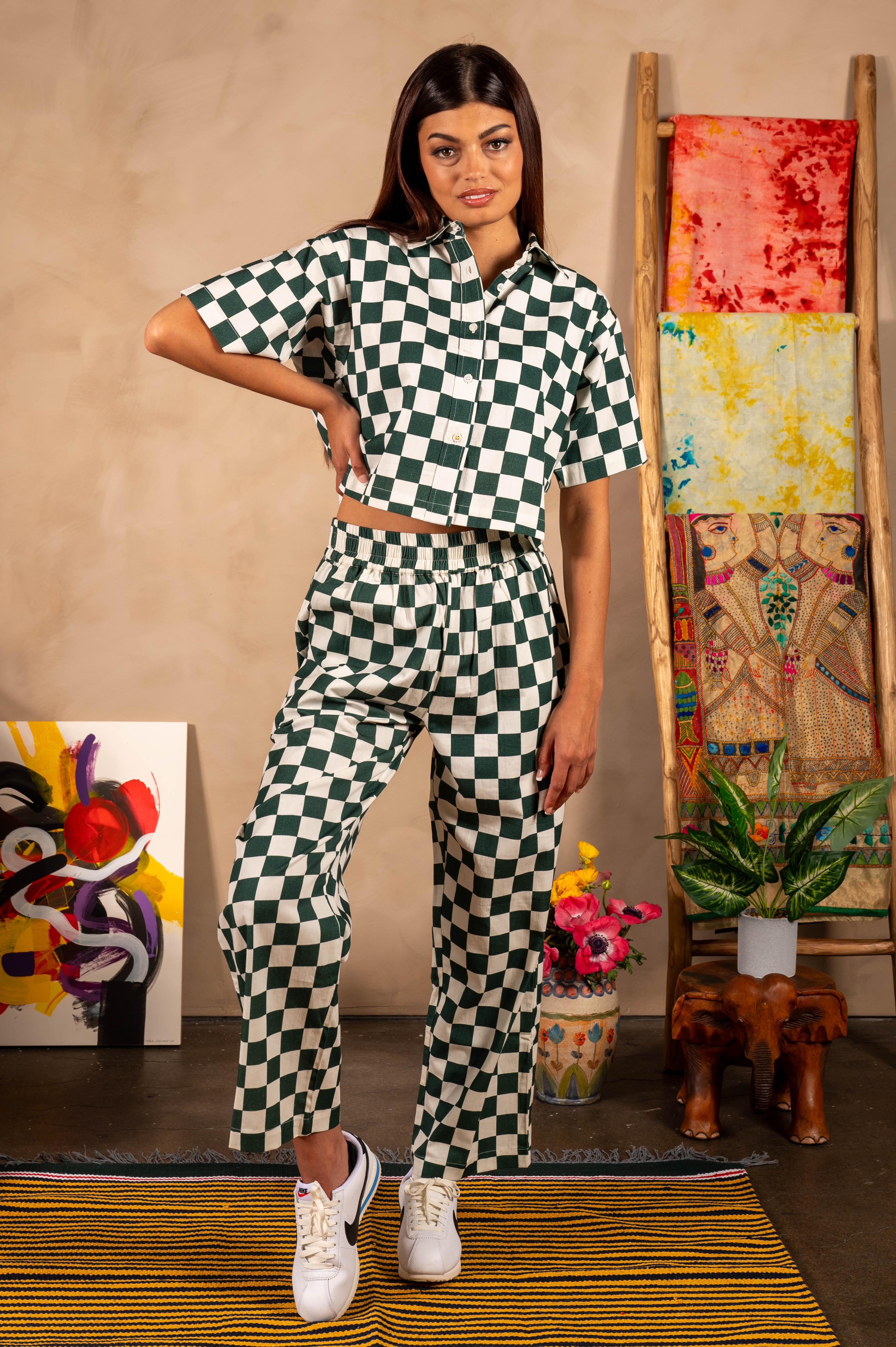 Hand Printed 'Seema' Pants in Green and White Chessboard
