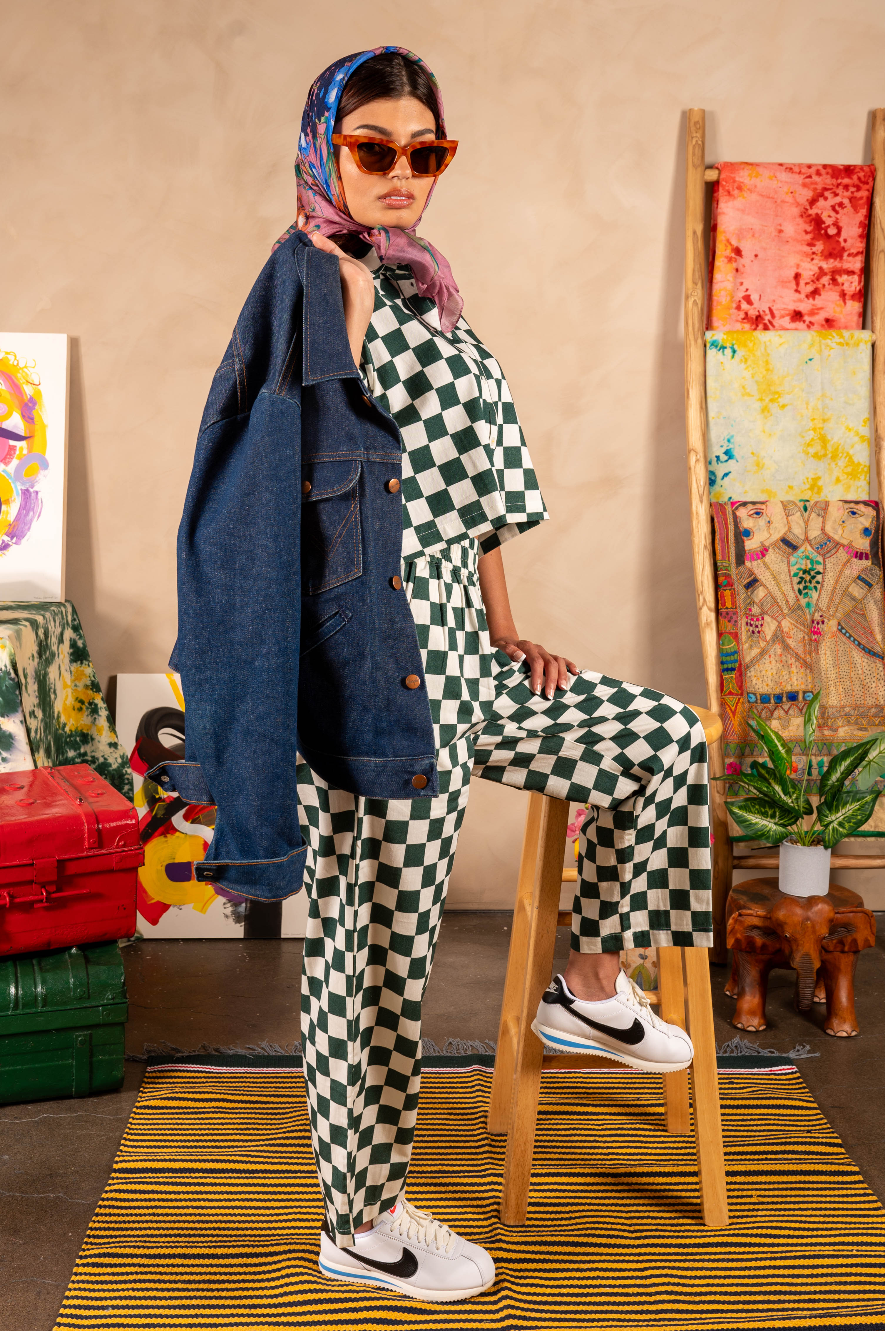 Hand Printed 'Seema' Pants in Green and White Chessboard