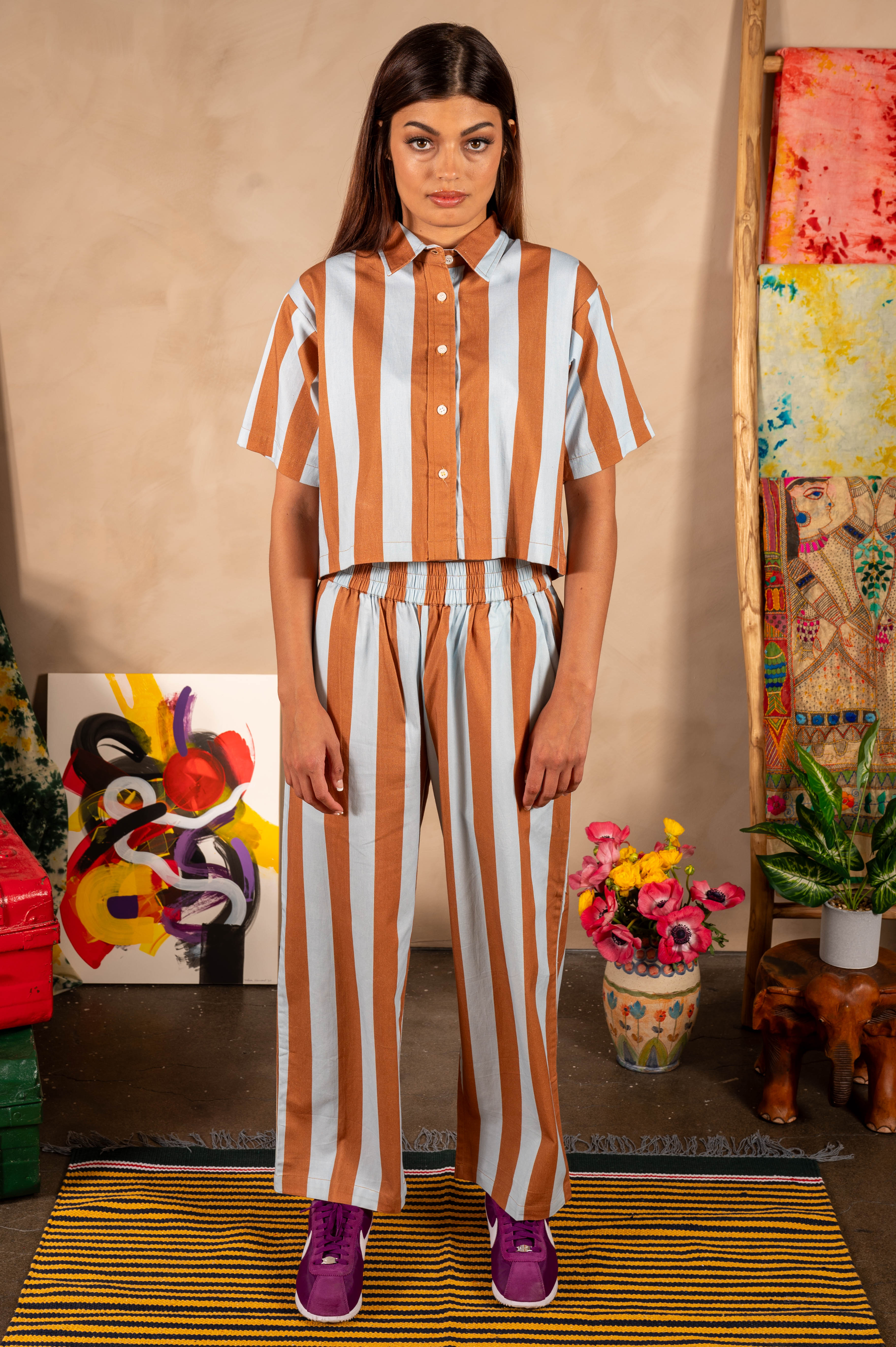 Hand Printed 'Seema' Pants in Blue and Brown Stripes