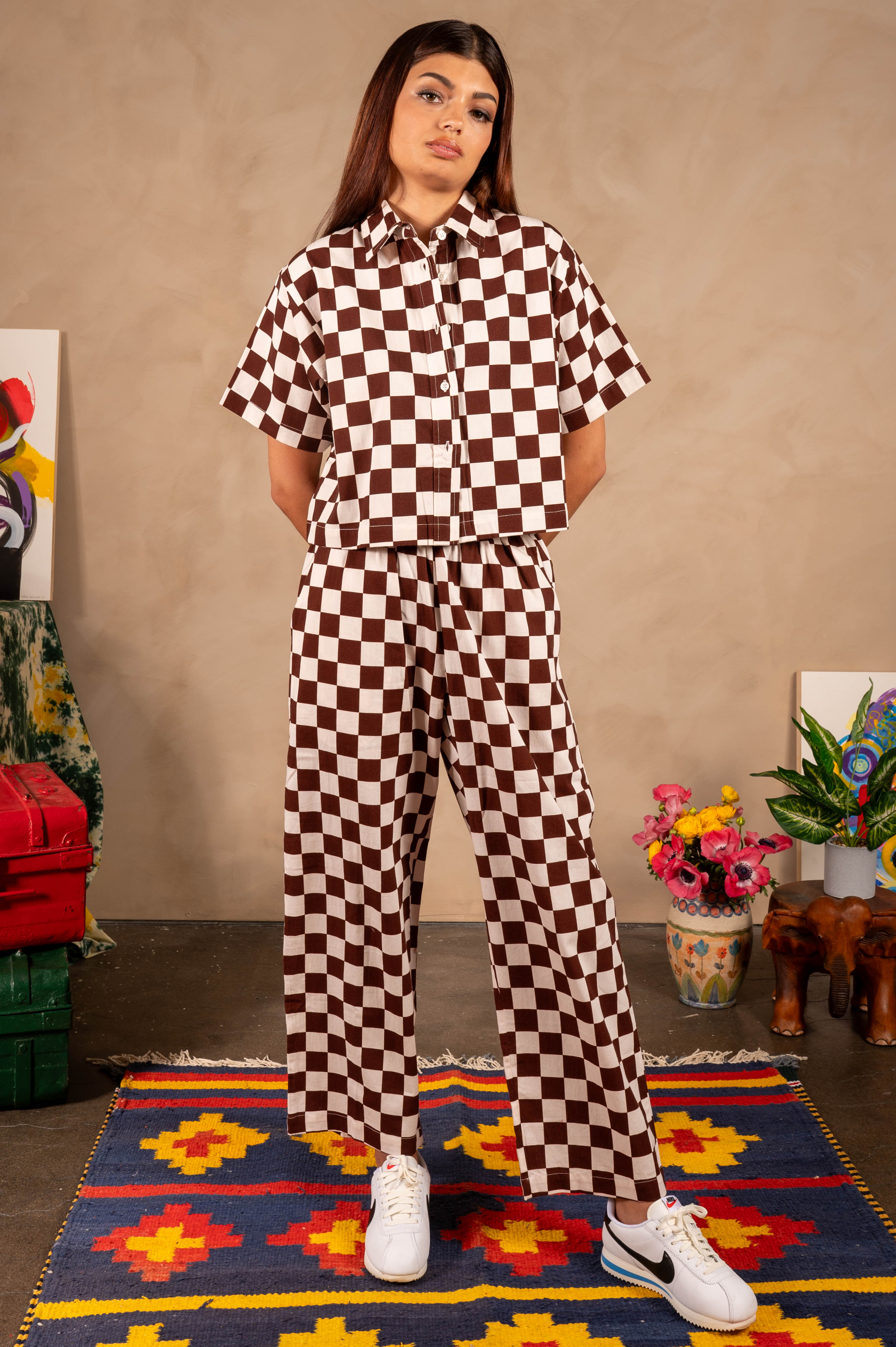 Hand Printed 'Seema' Pants in Chocolate and White Chessboard