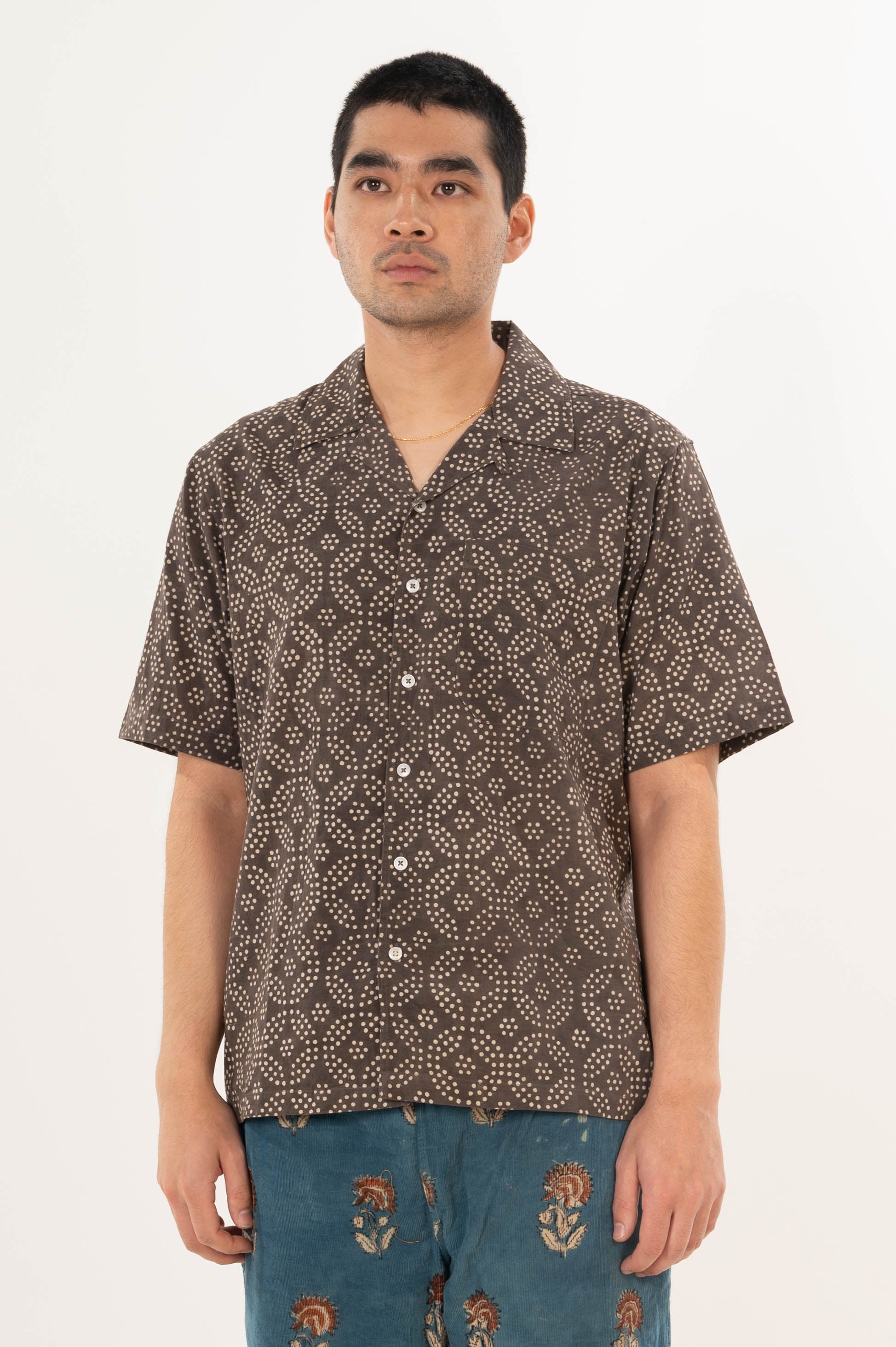 Hand Printed 'The Don' Camp Collar Shirt in Small Brown Circles