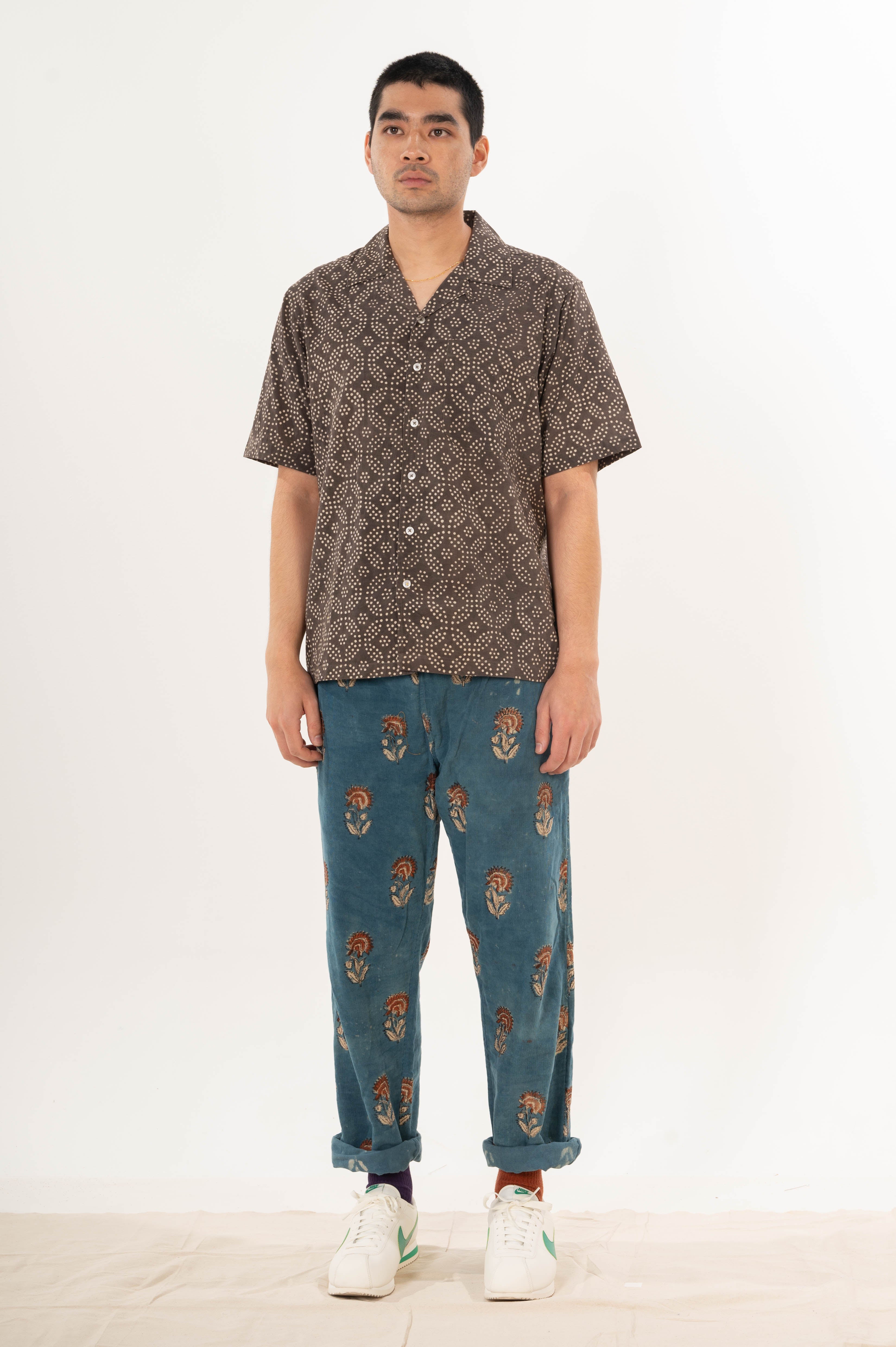 Hand Printed 'The Don' Camp Collar Shirt in Small Brown Circles