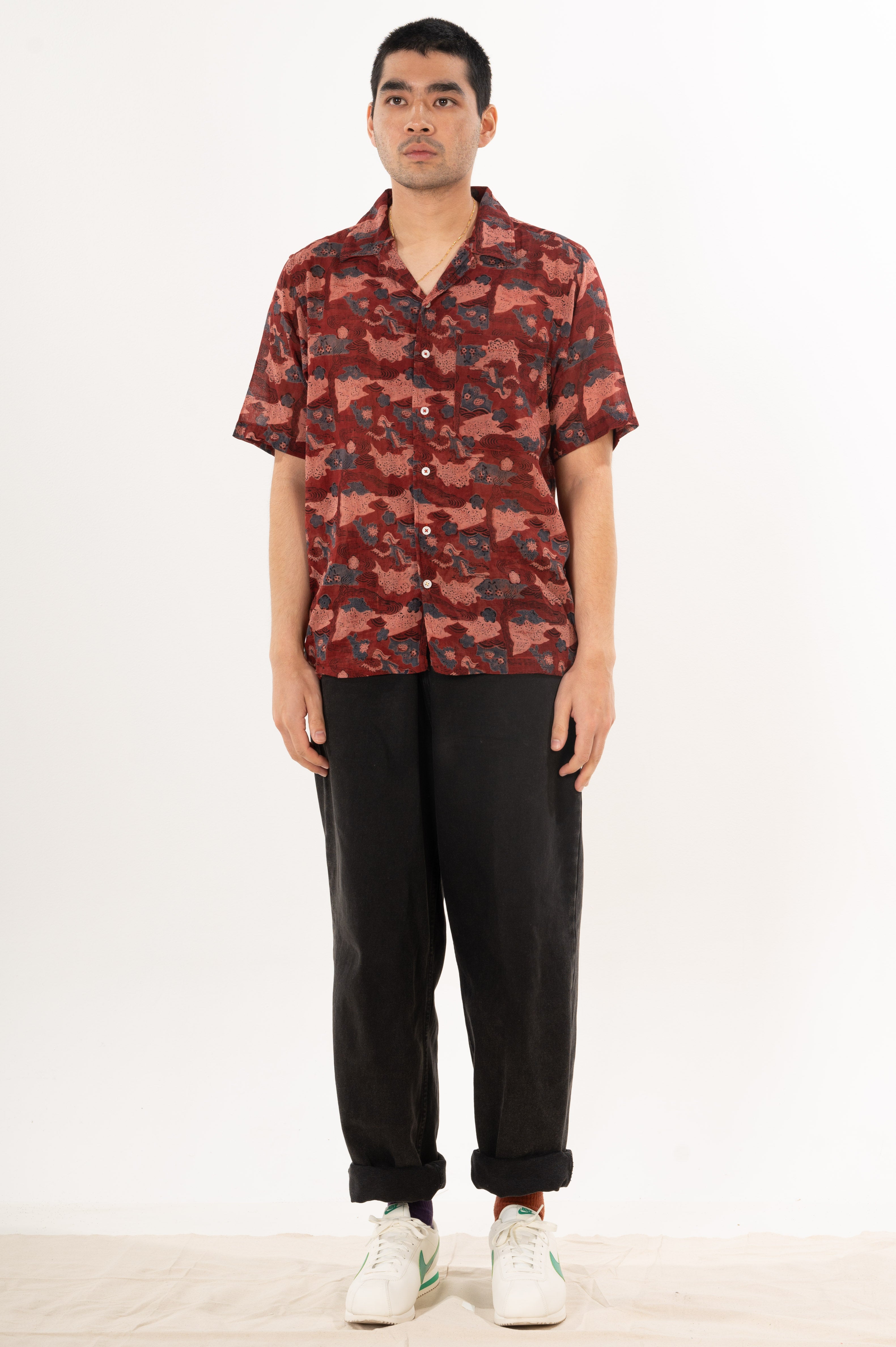 Hand Block Printed 'The Don' Camp Collar Shirt in Maroon Abstract Print