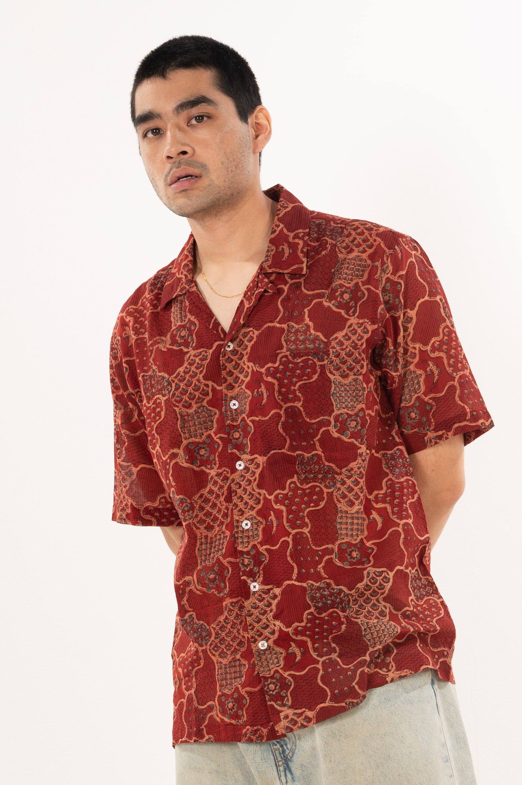 Hand Block Printed 'The Don' Camp Collar Shirt in Red Abstract Print