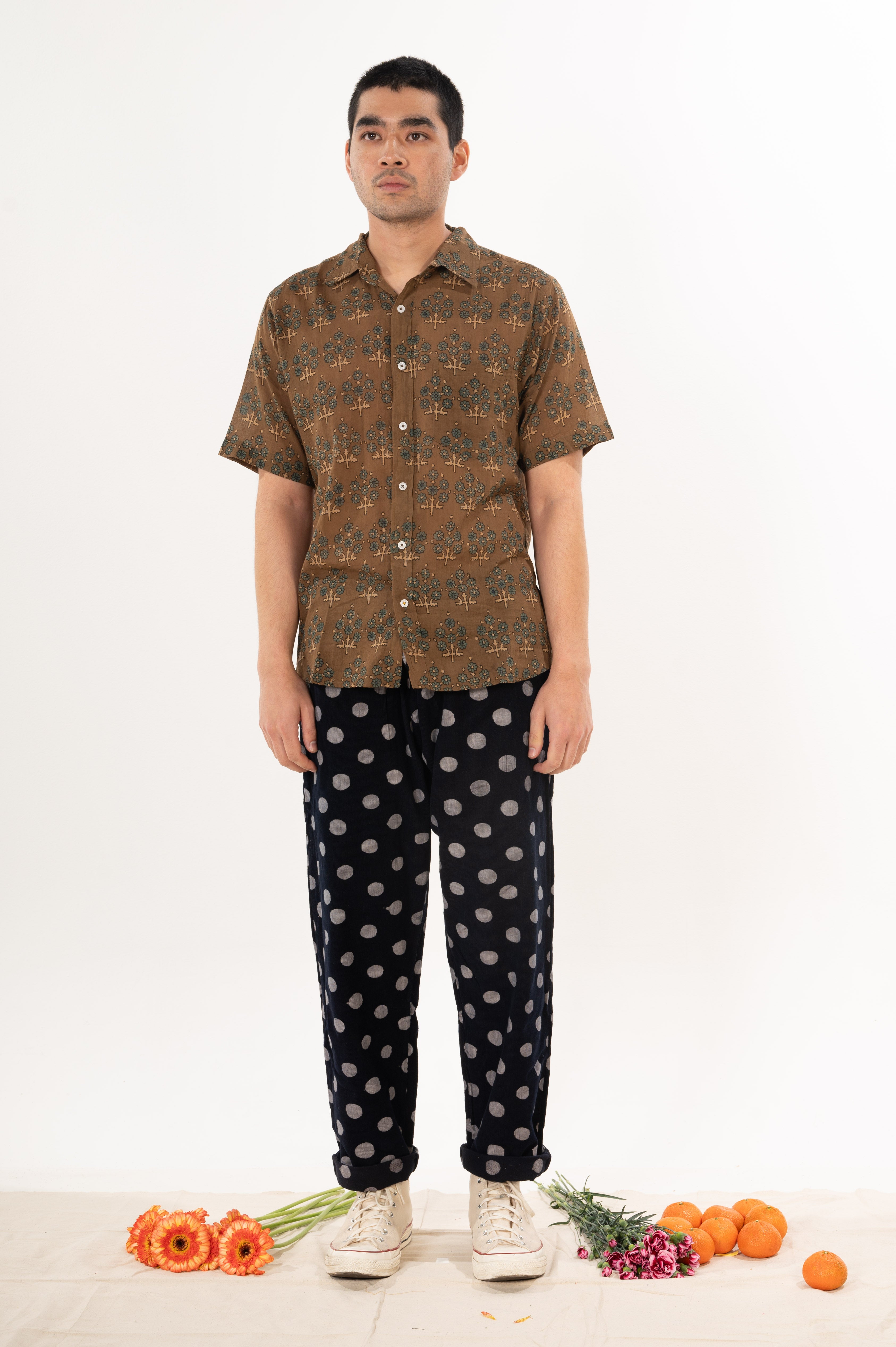 Hand Printed 'The Folk' Short Sleeve Shirt in Olive and Blue Leaf