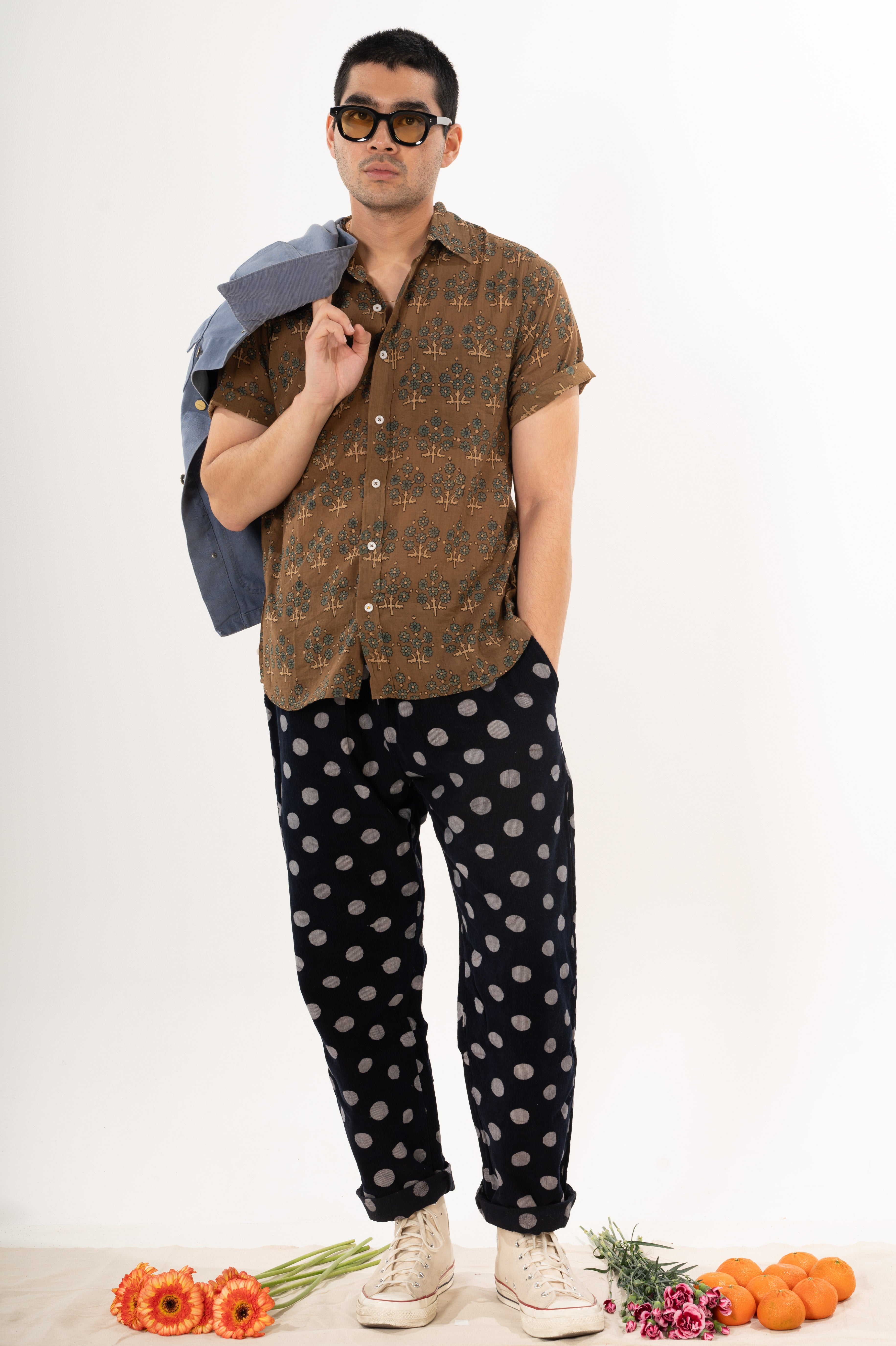 Hand Printed 'The Folk' Short Sleeve Shirt in Olive and Blue Leaf