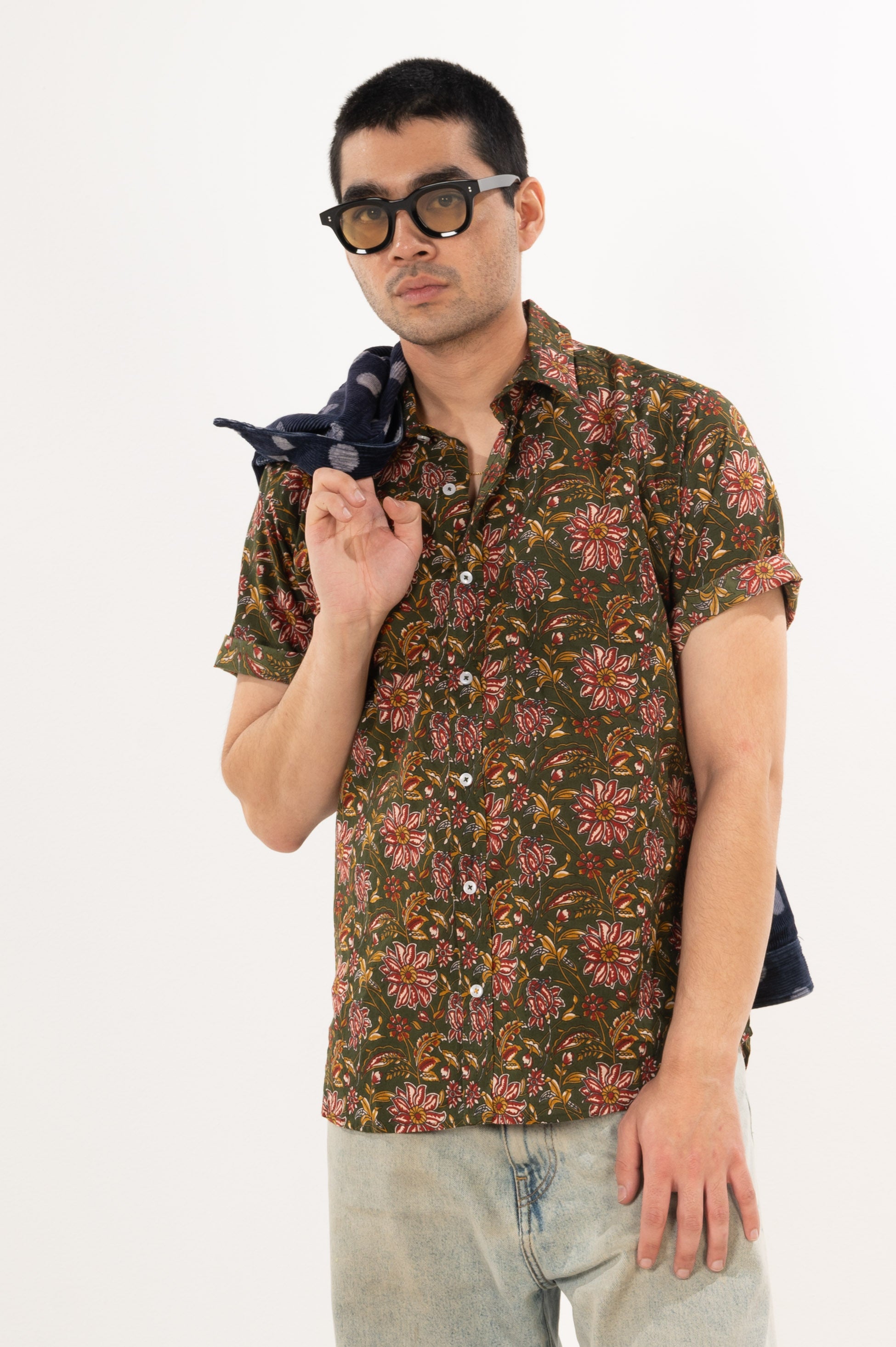 Hand Printed 'The Folk' Short Sleeve Shirt in French Green Floral