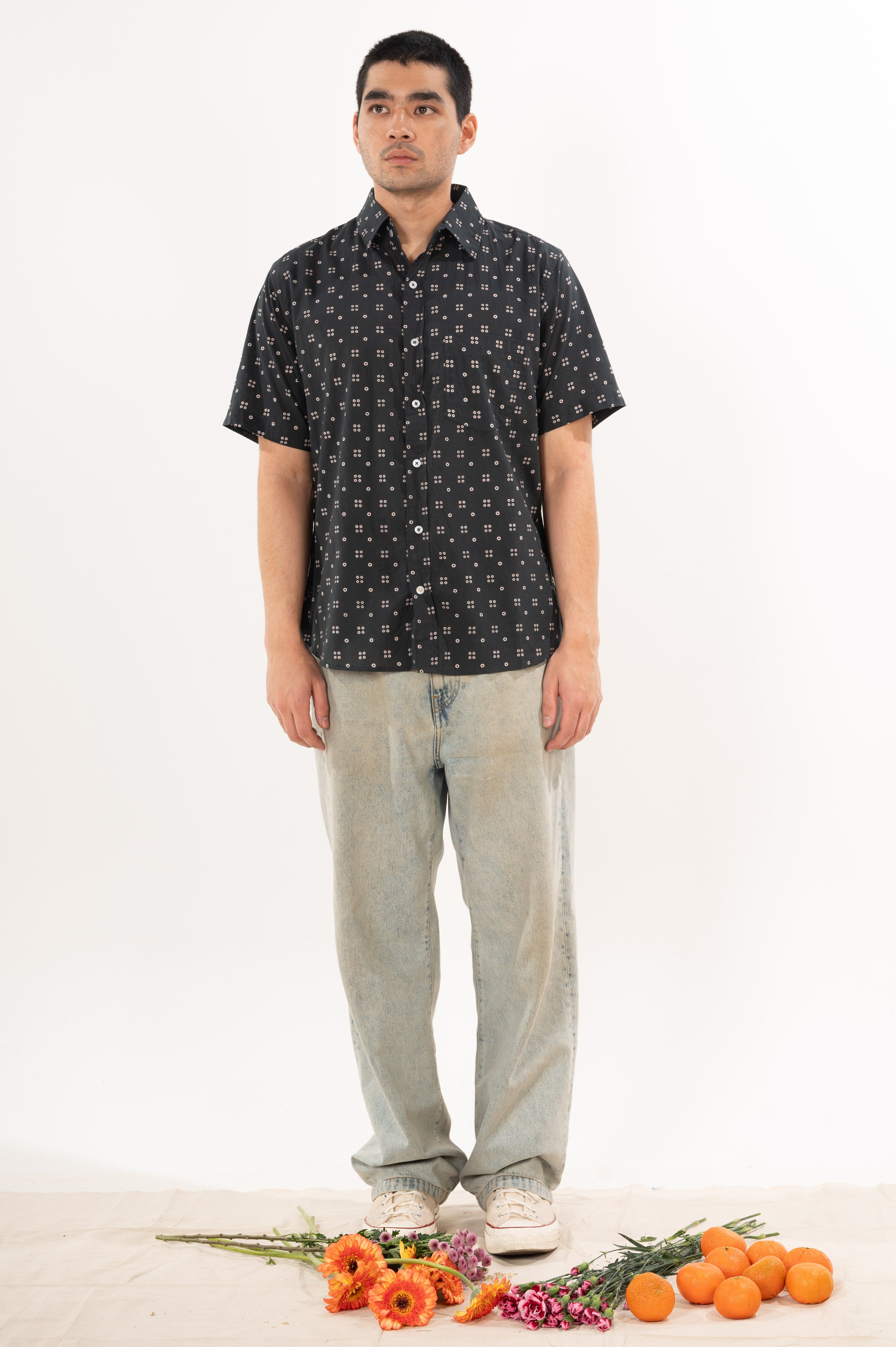 Hand Printed 'The Folk' Short Sleeve Shirt in Black and White Dots