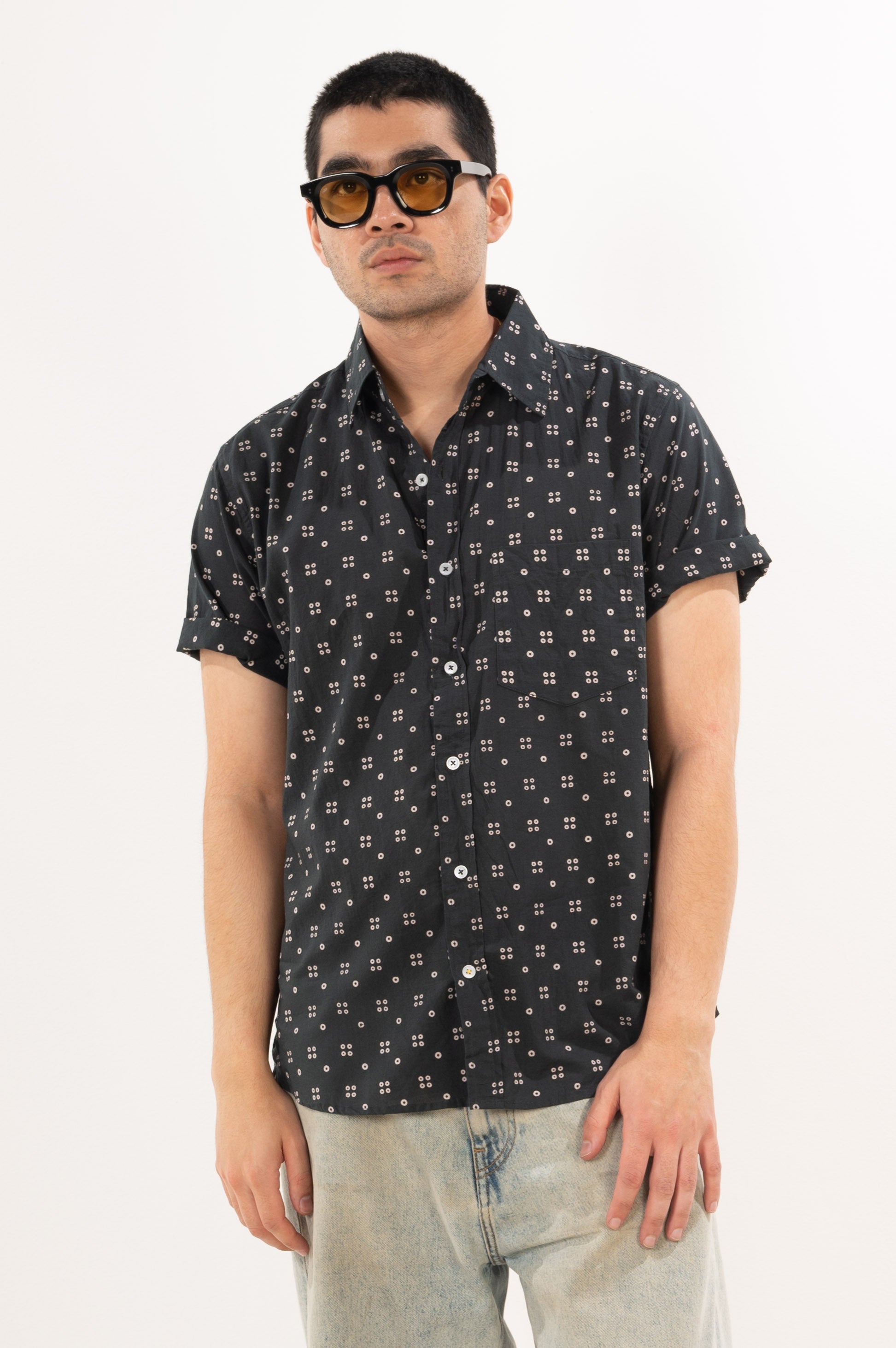 Hand Printed 'The Folk' Short Sleeve Shirt in Black and White Dots