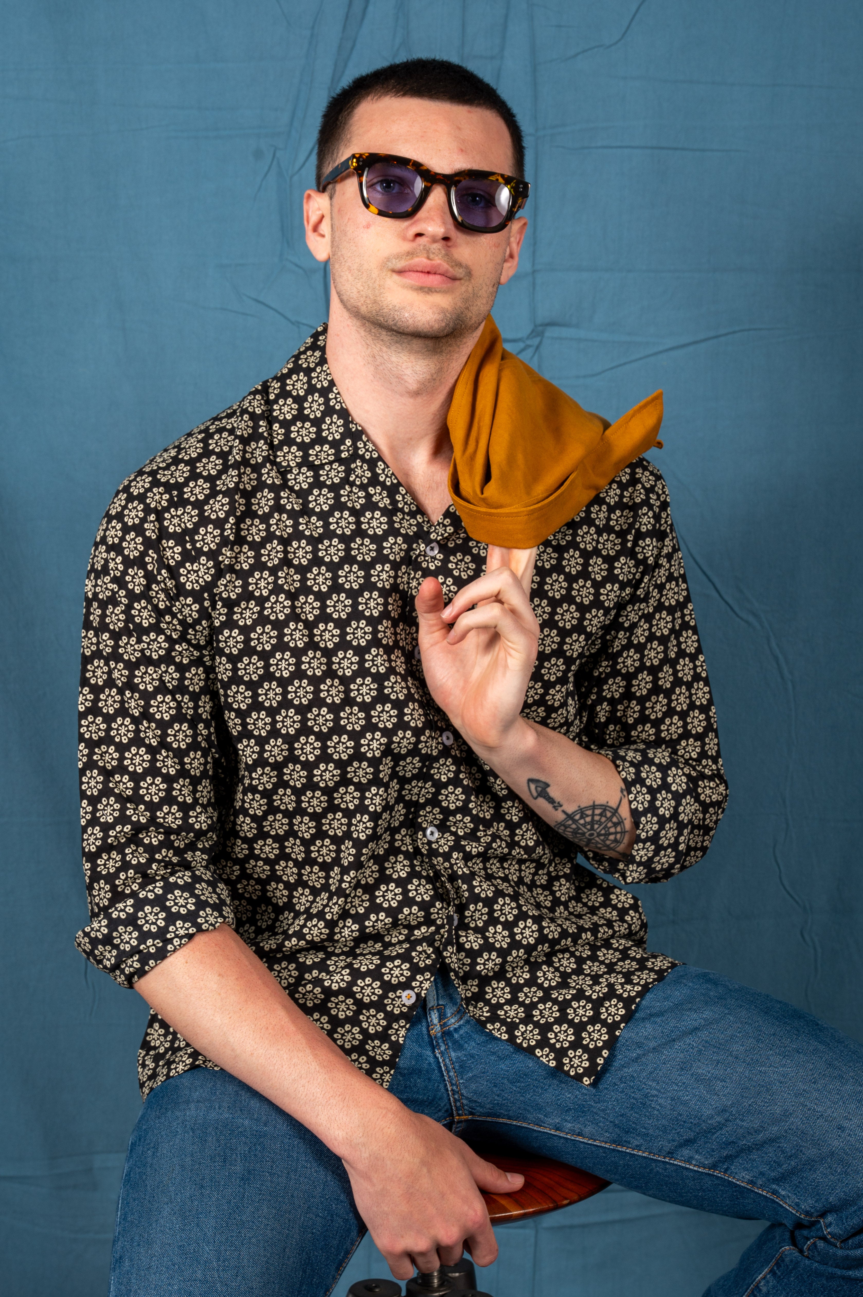 Hand Printed 'The Raj' Camp Collar Shirt in Black Octagon Motif