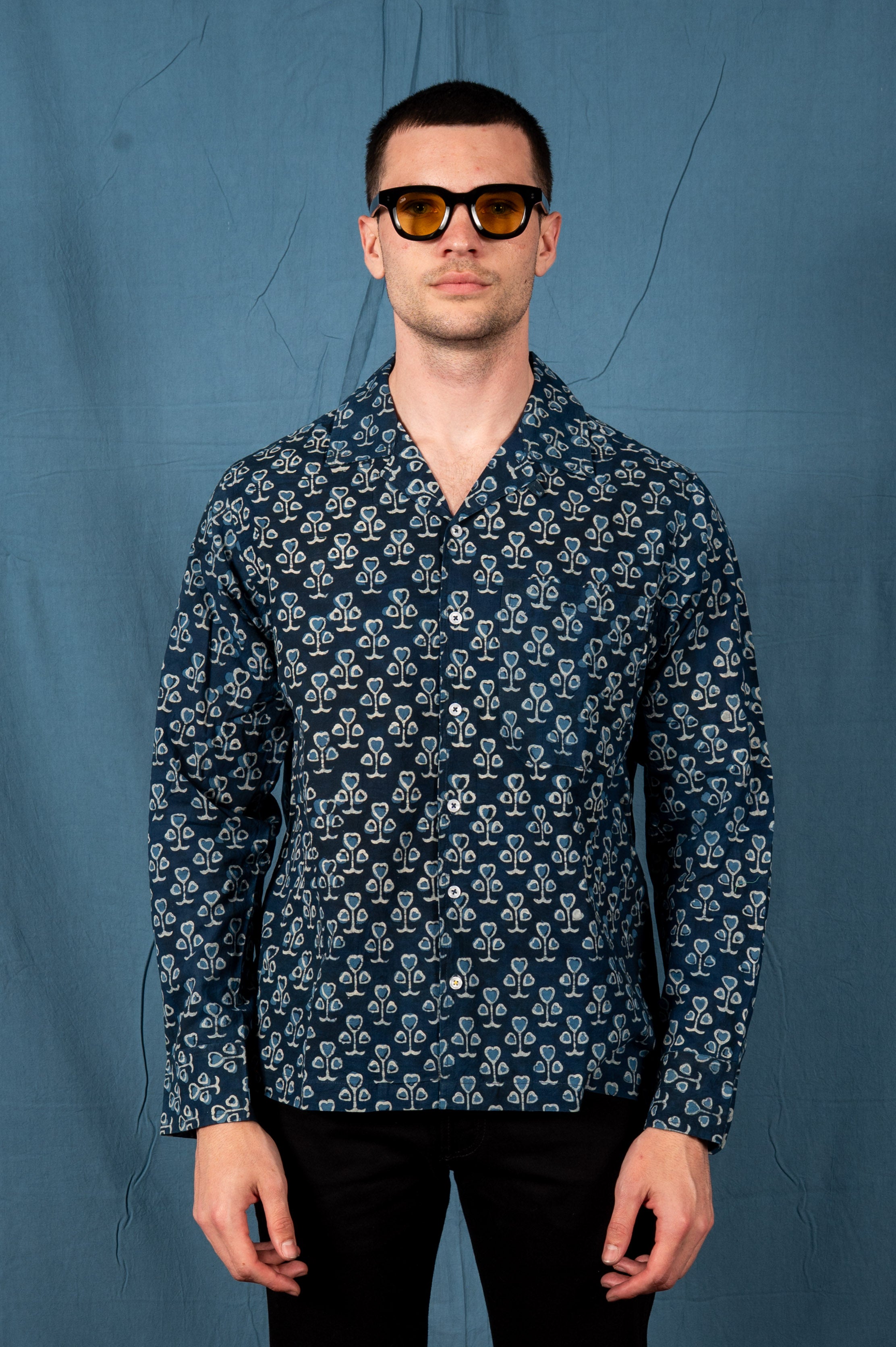 Hand Printed 'The Raj' Camp Shirt in Indigo Spades