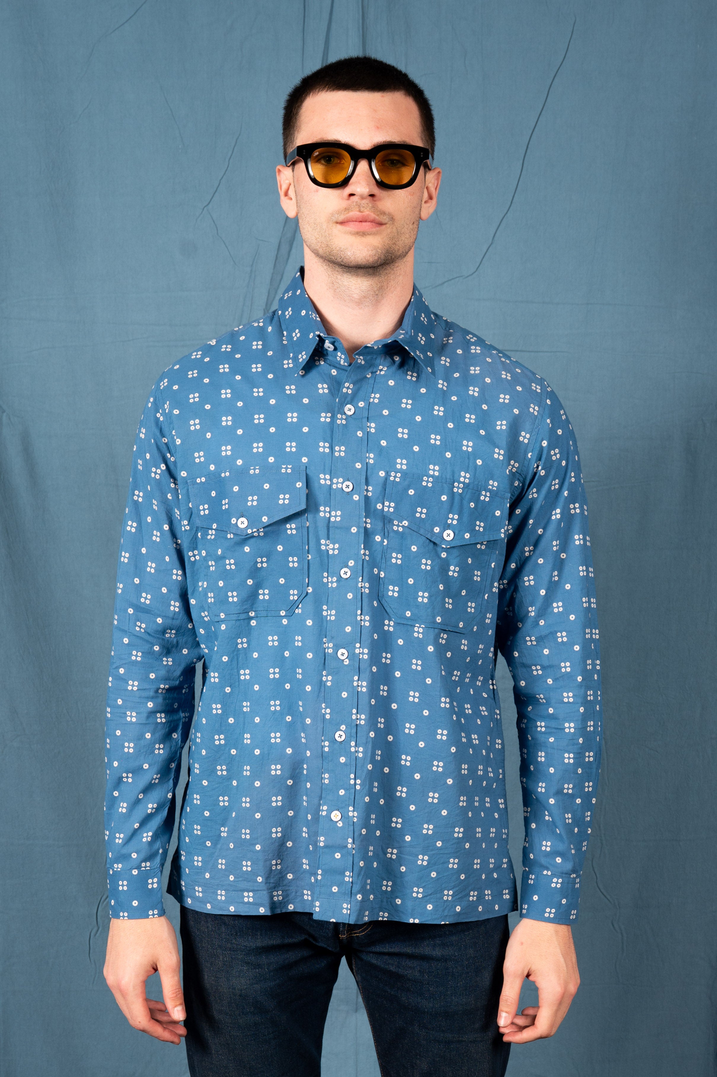 Hand Printed 'Jesse' Shirt in Blue Dots