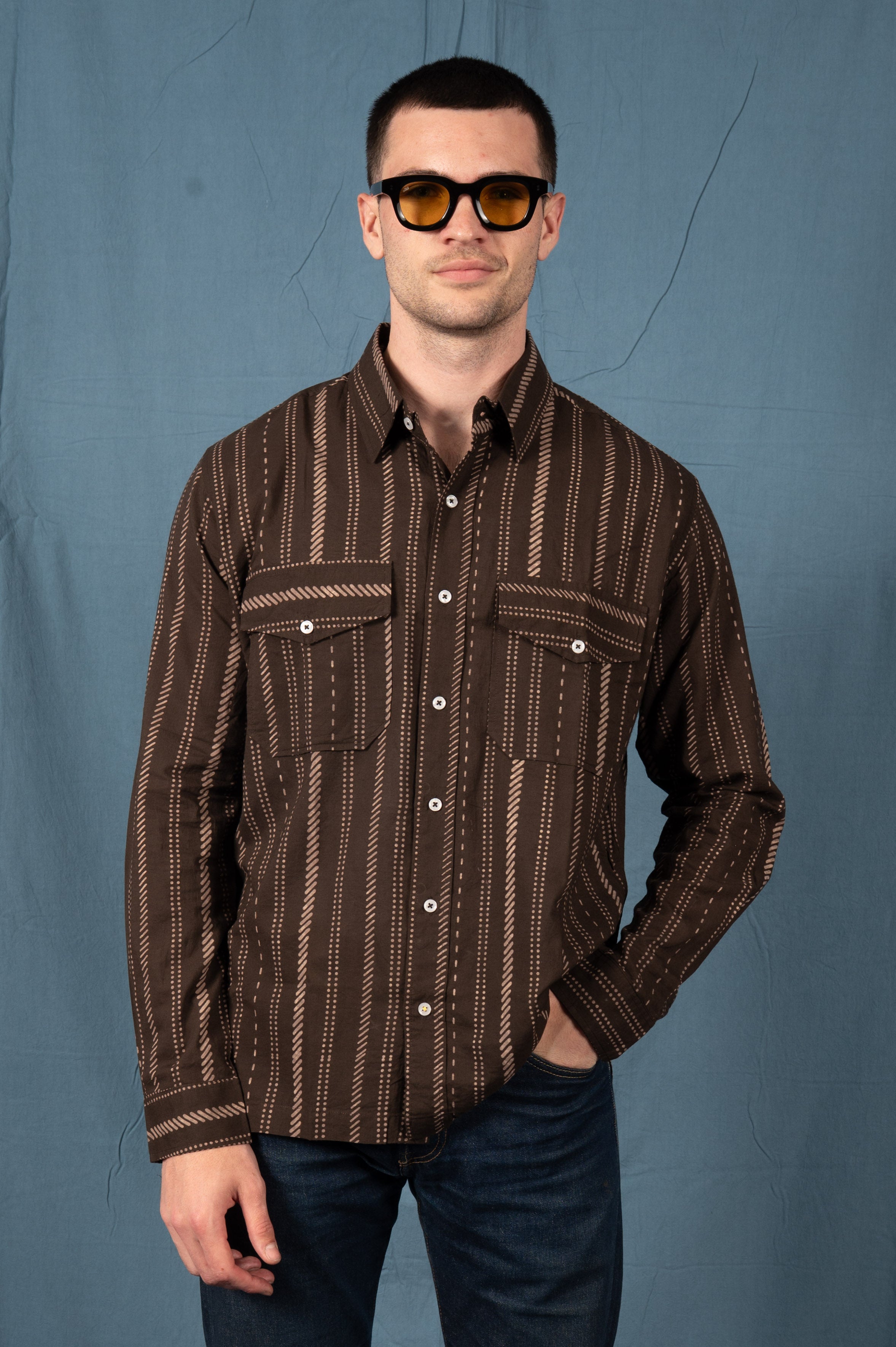 Hand Printed 'Jesse' Shirt in Chocolate Stripes