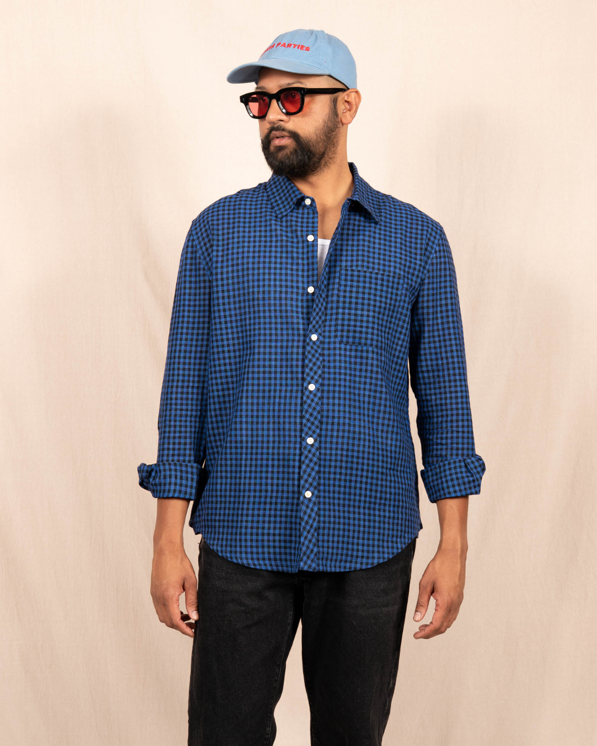 'The Brady' Long Sleeve Shirt in Blue and Black Gingham