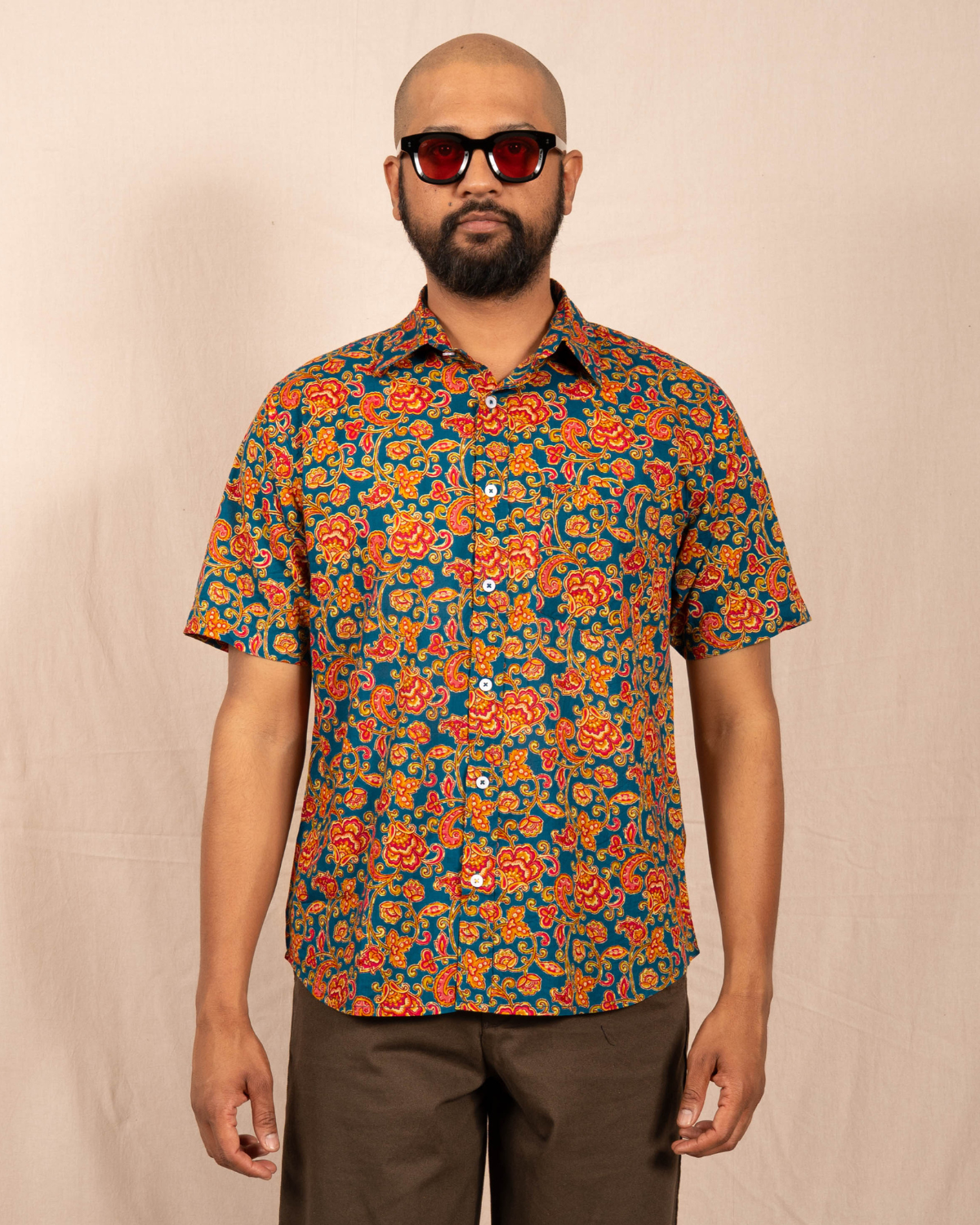 'The Folk' Shirt in Blue and Red Agra Floral Print