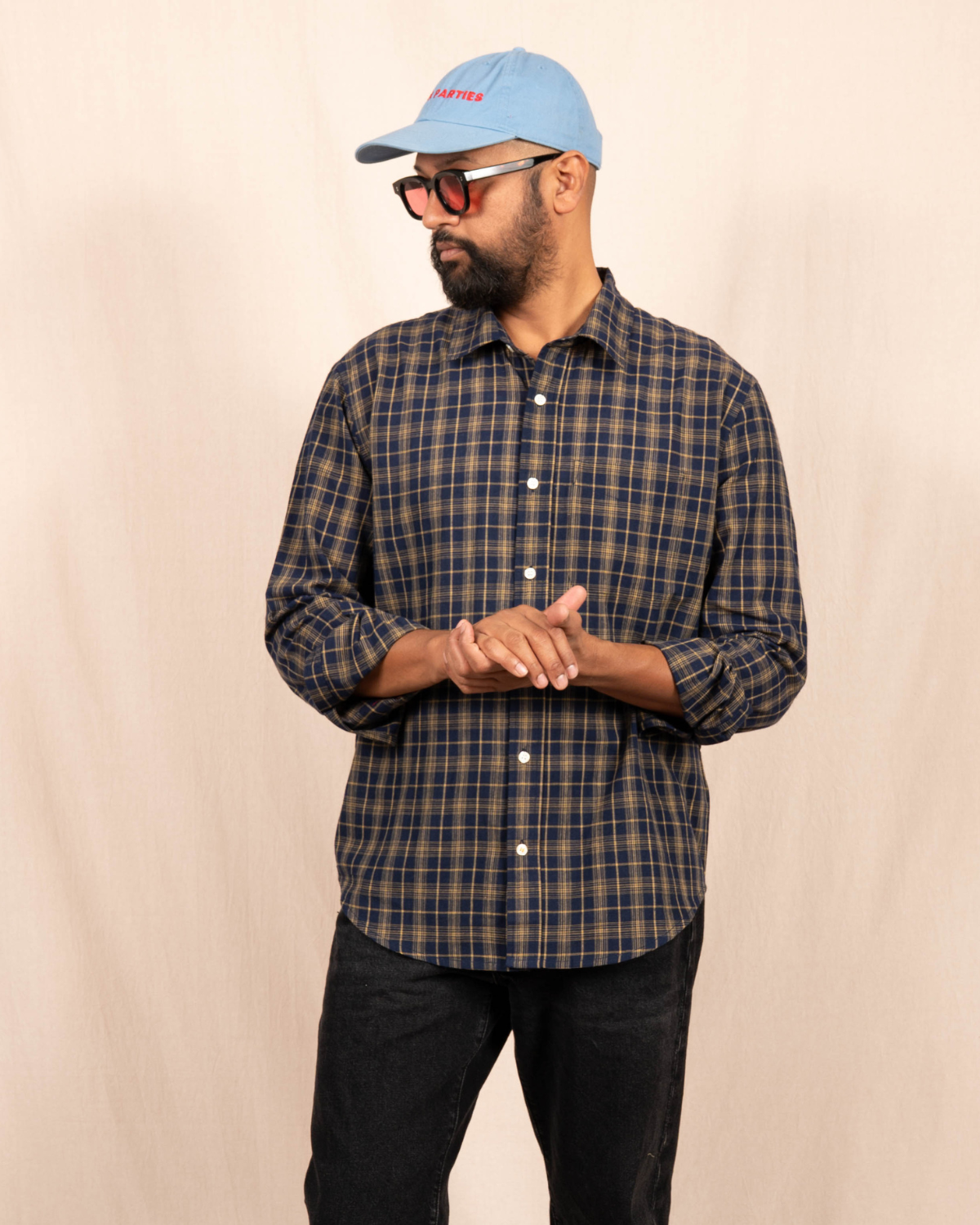 'The Brady' Long Sleeve Shirt in Navy and Beige Checks