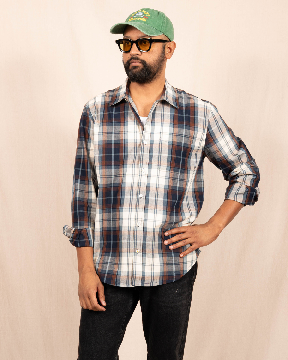 'The Brady' Long Sleeve Shirt in Brown and White Madras Checks
