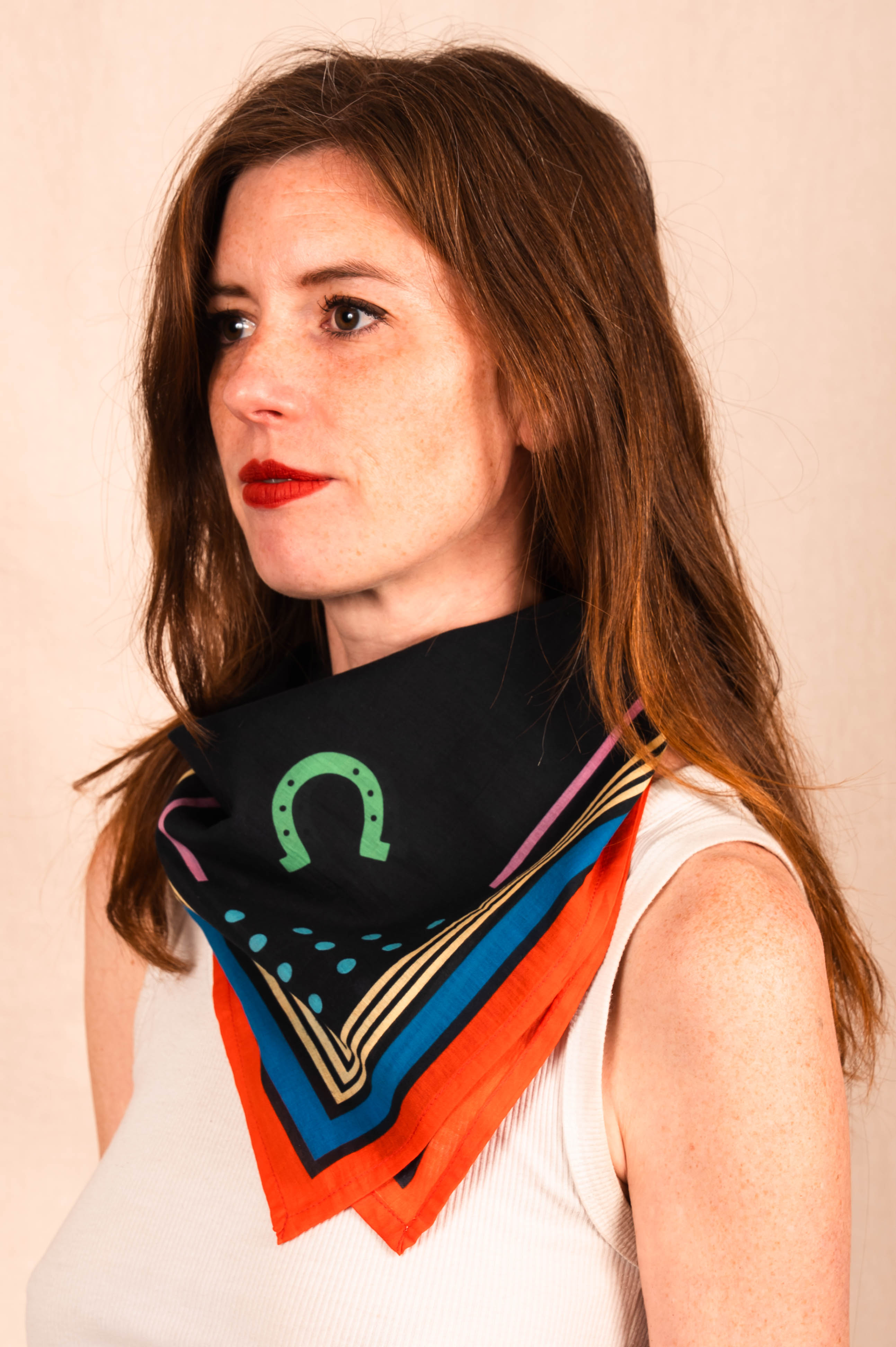 Archie Bandana No. 32 - Red, Yellow, Blue and Green Dots and Horseshoe on Black