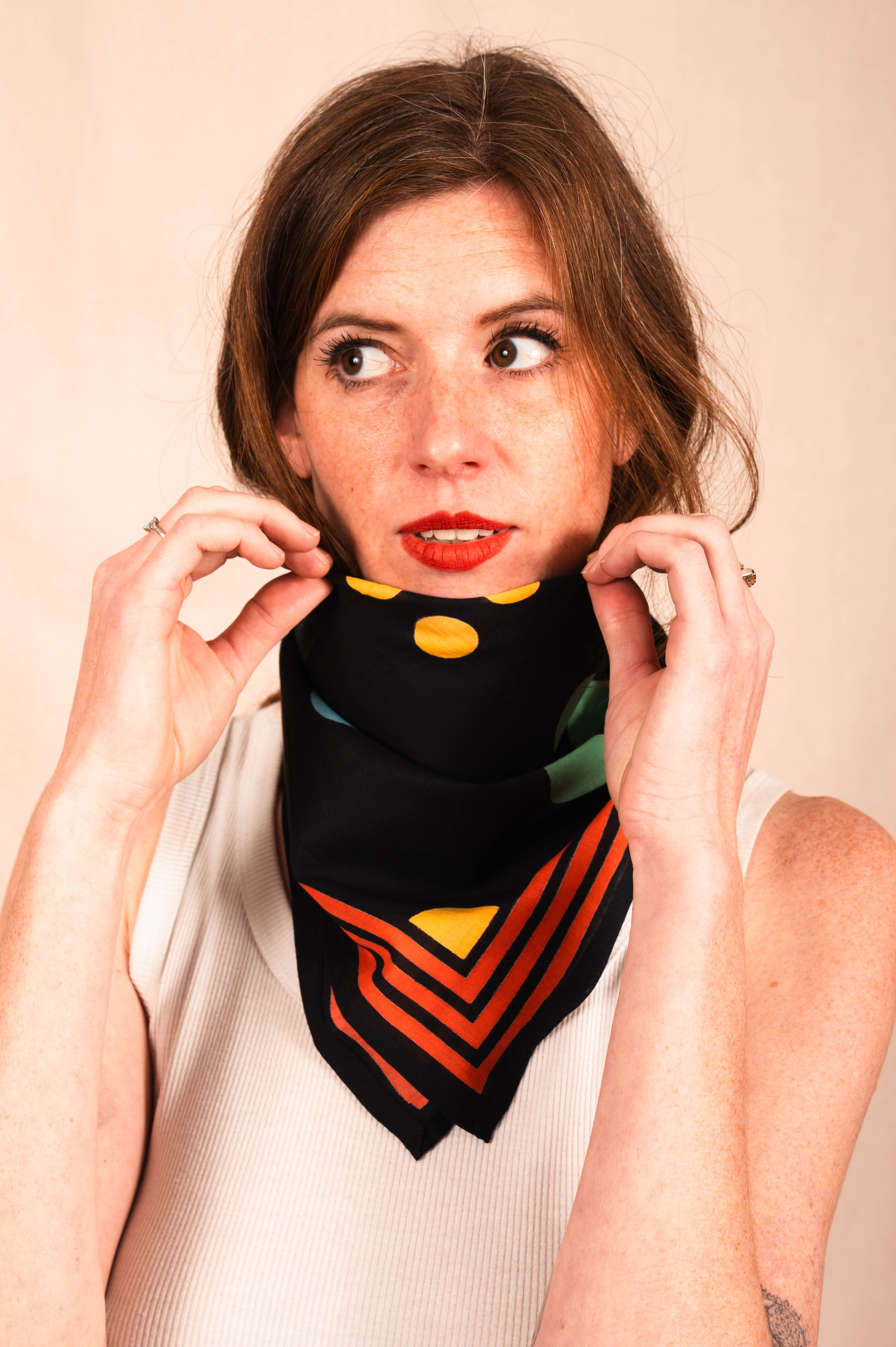 Archie Bandana No. 11 - Faded Black with Blue, Yellow and Green Dots Art Print