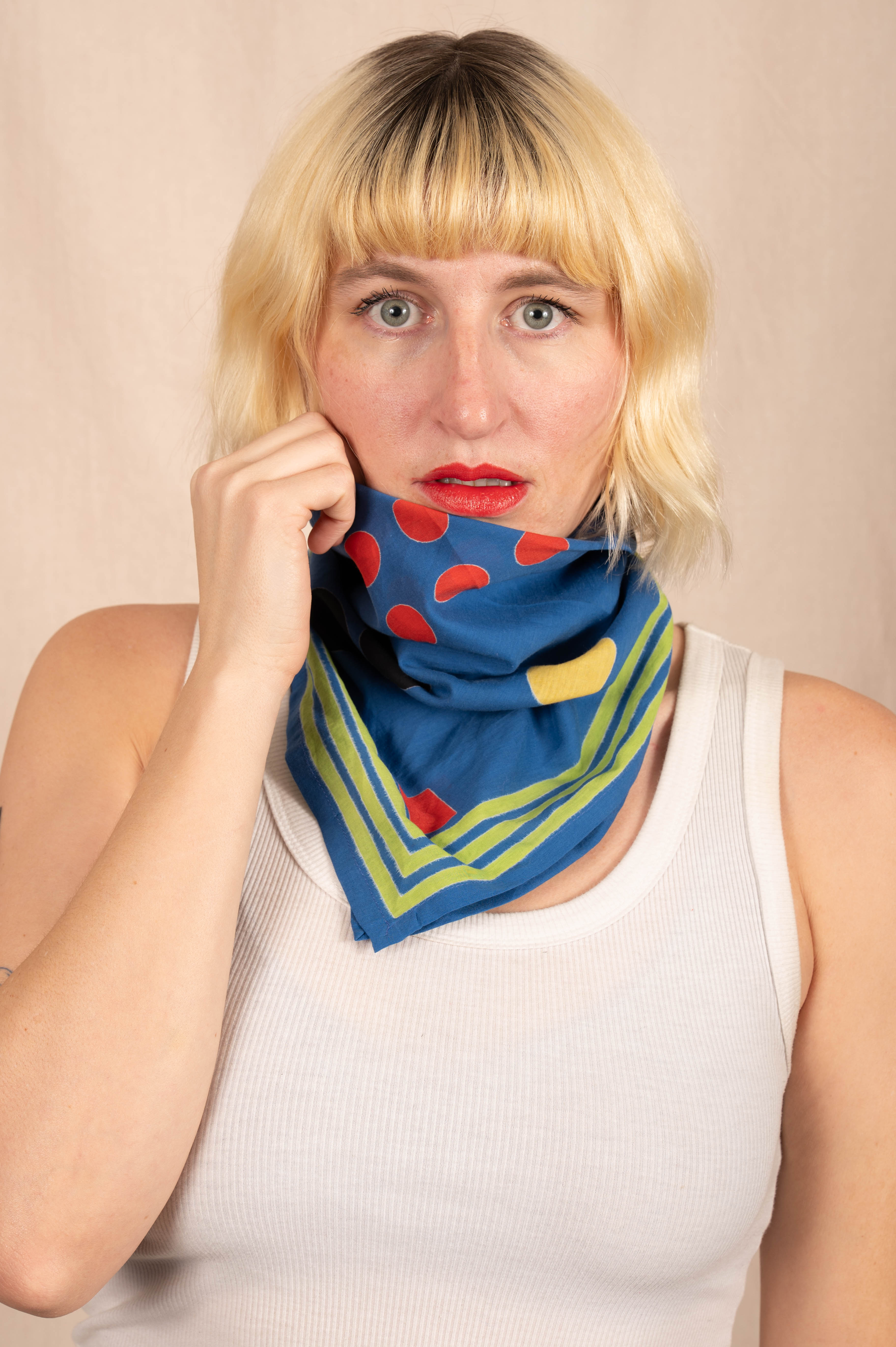 Archie Bandana No. 13 - Blue with Black, Red and Peach Art Print