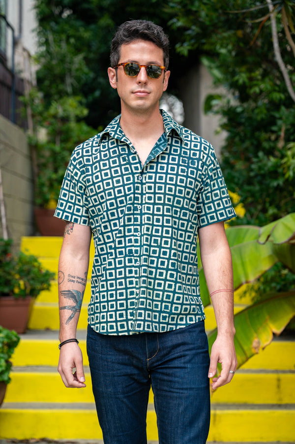 Hand Block Printed 'The Aby' Short Sleeve Shirt in Green and White Box Print
