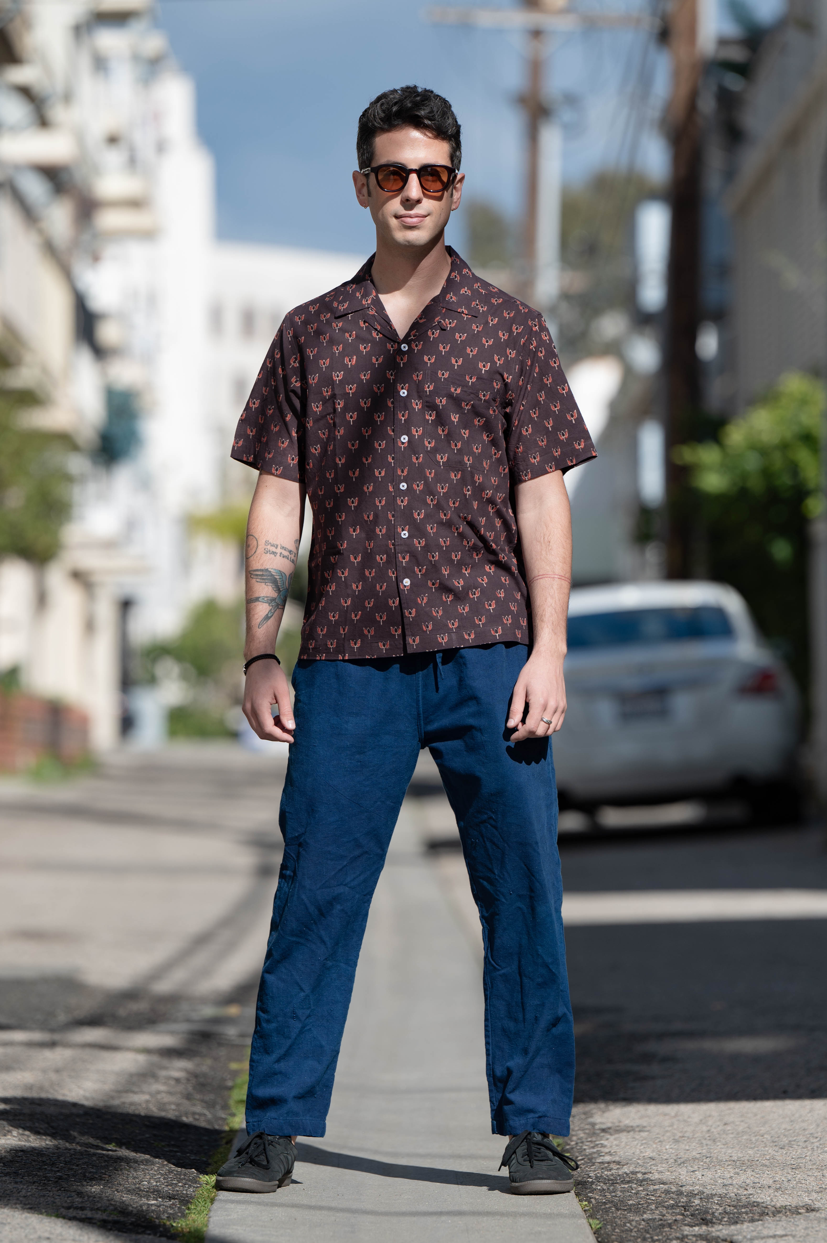 Hand Block Printed 'The Don' Camp Collar Shirt in Dark Chocolate Brown Lotus Print