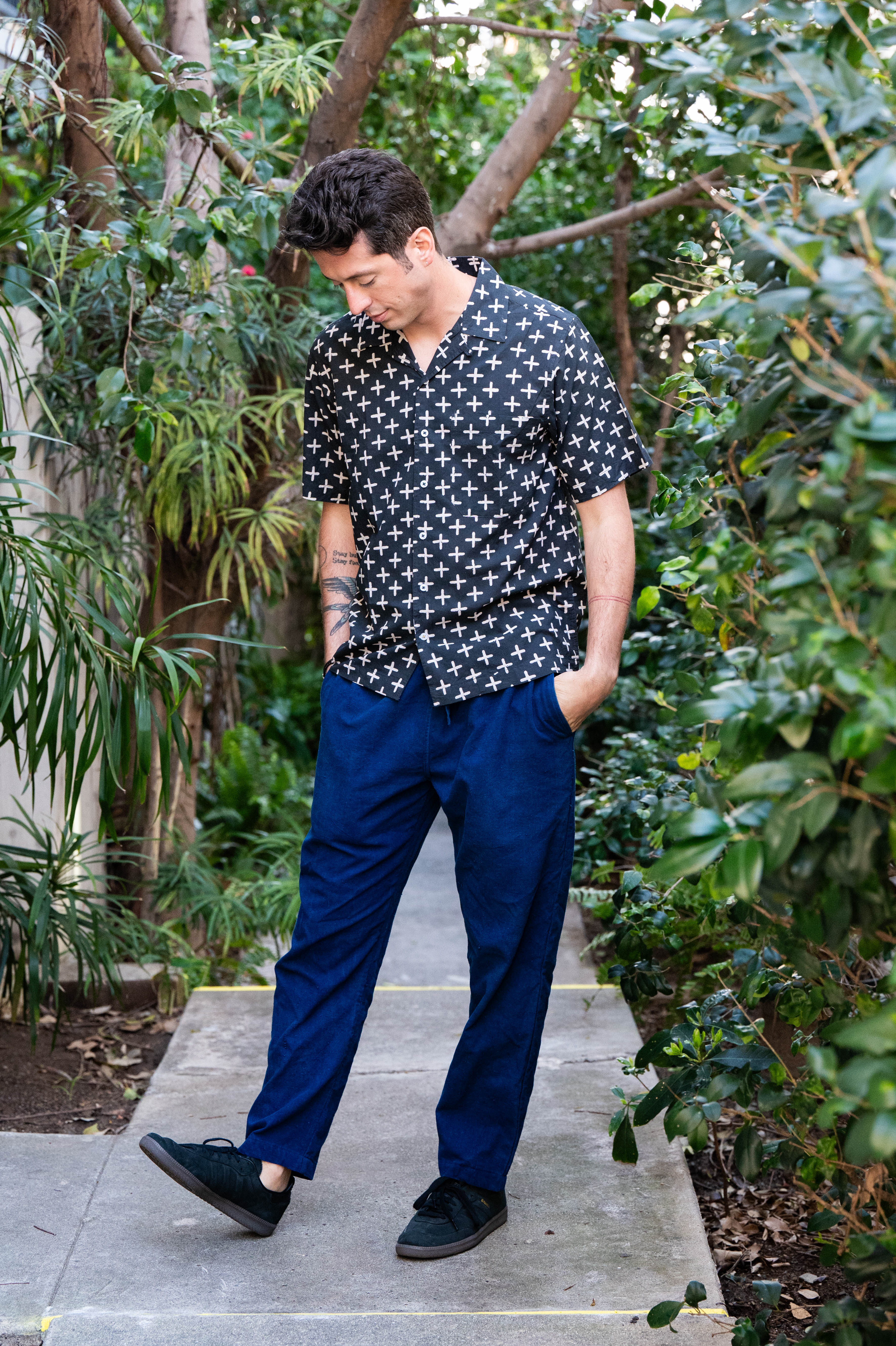 Hand Block Printed 'The Don' Camp Collar Shirt in Black Plus Sign Print