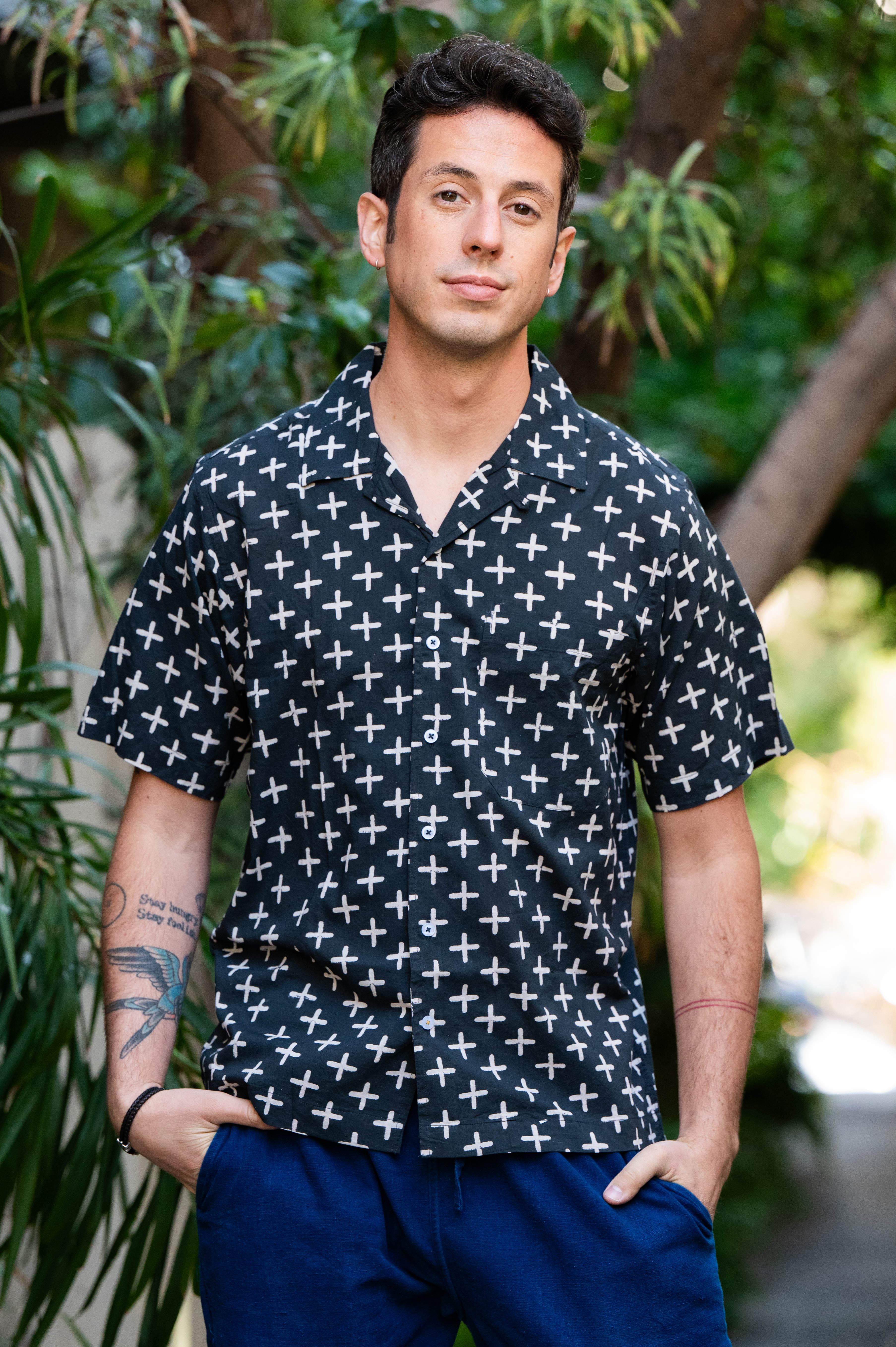 Hand Block Printed 'The Don' Camp Collar Shirt in Black Plus Sign Print