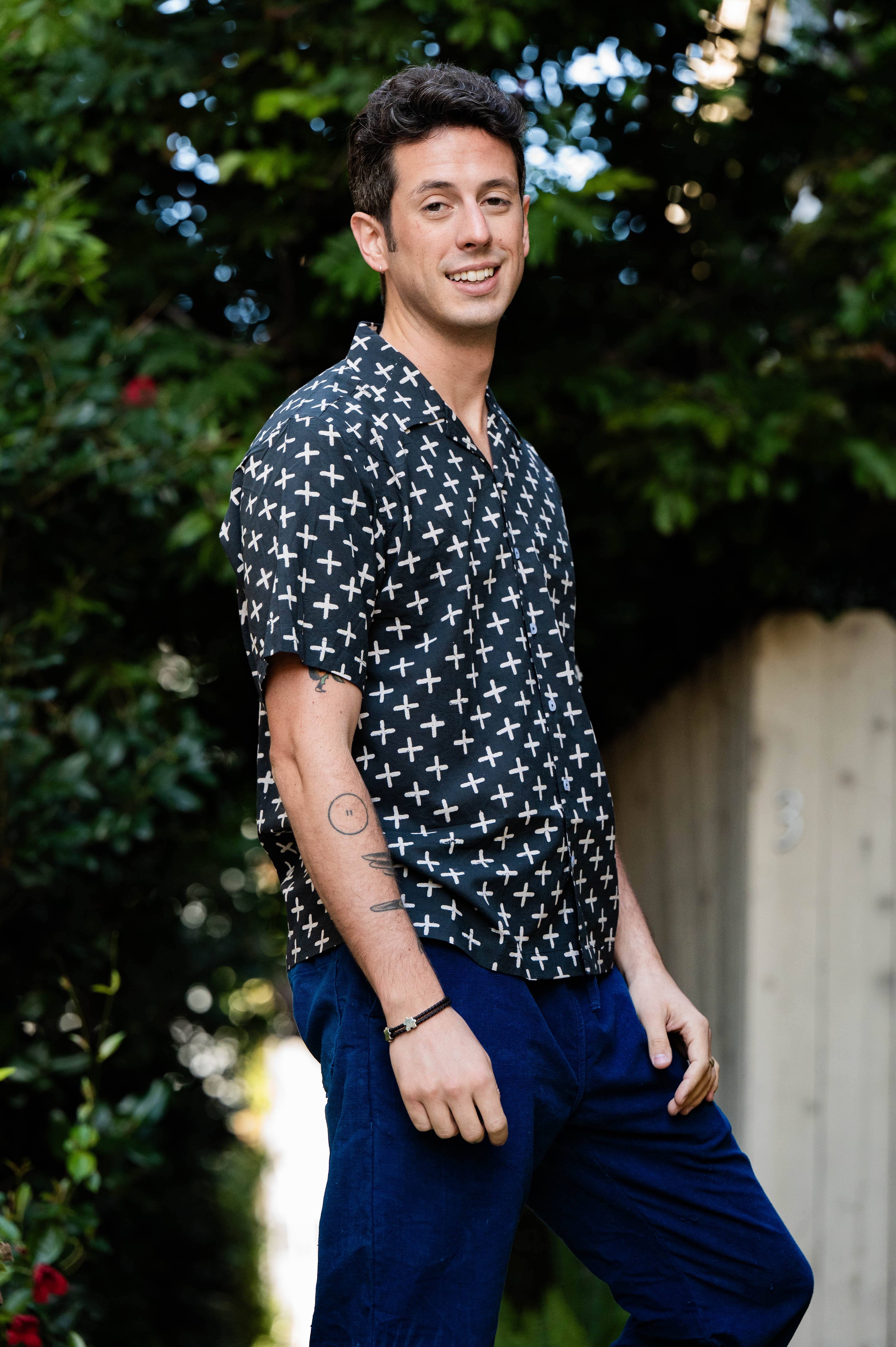 Hand Block Printed 'The Don' Camp Collar Shirt in Black Plus Sign Print