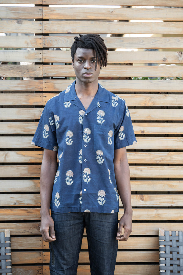 Hand Block Printed 'The Don' Camp Collar Shirt in Navy Tribal Floral Print