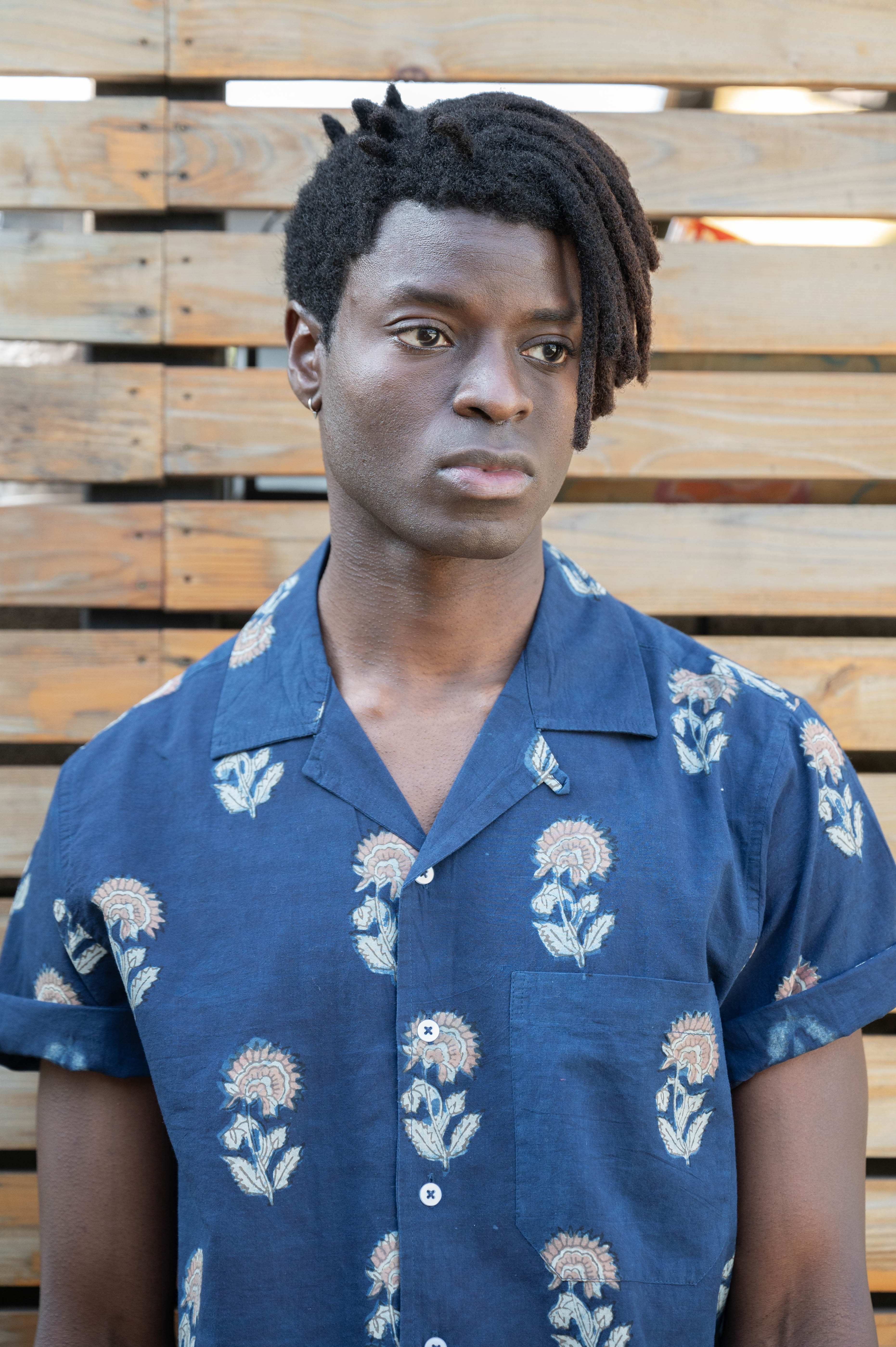 Hand Block Printed 'The Don' Camp Collar Shirt in Navy Tribal Floral Print