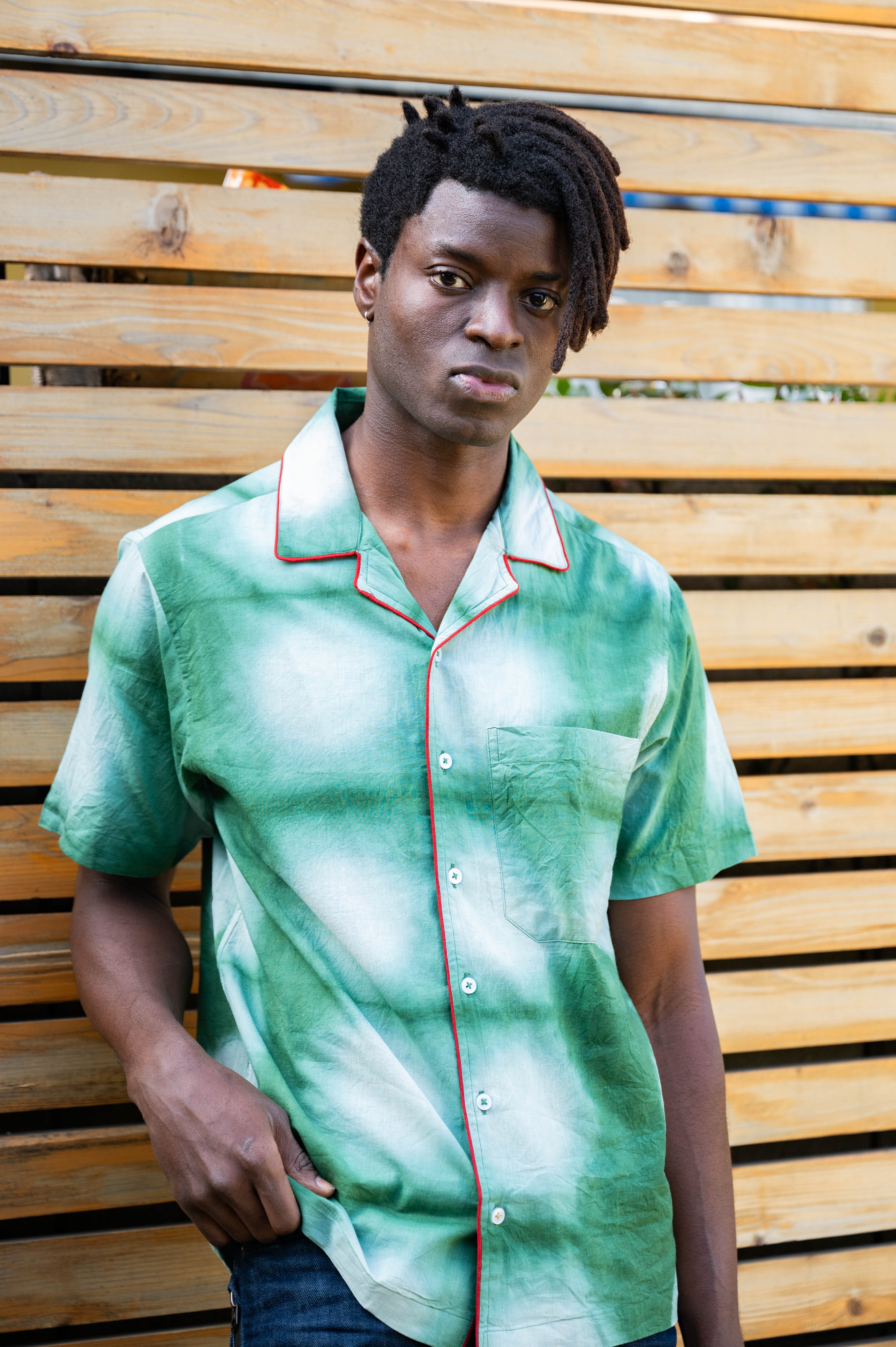 Hand Dyed 'The Don' Camp Collar Shirt in Green and White Clamp Dye with Piping