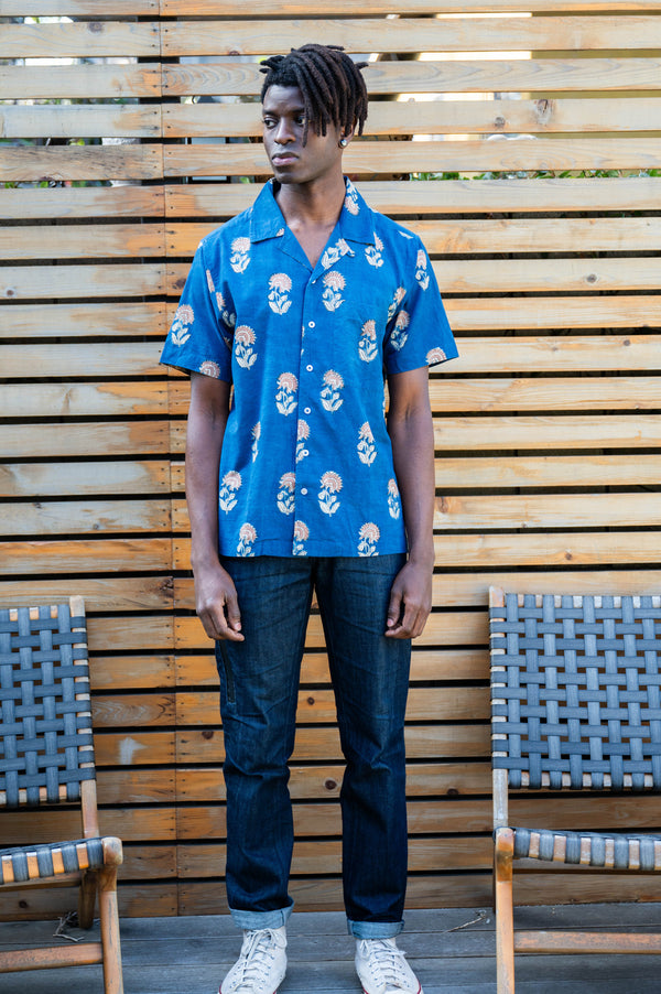 Hand Block Printed 'The Don' Camp Collar Shirt in Blue Tribal Floral Print
