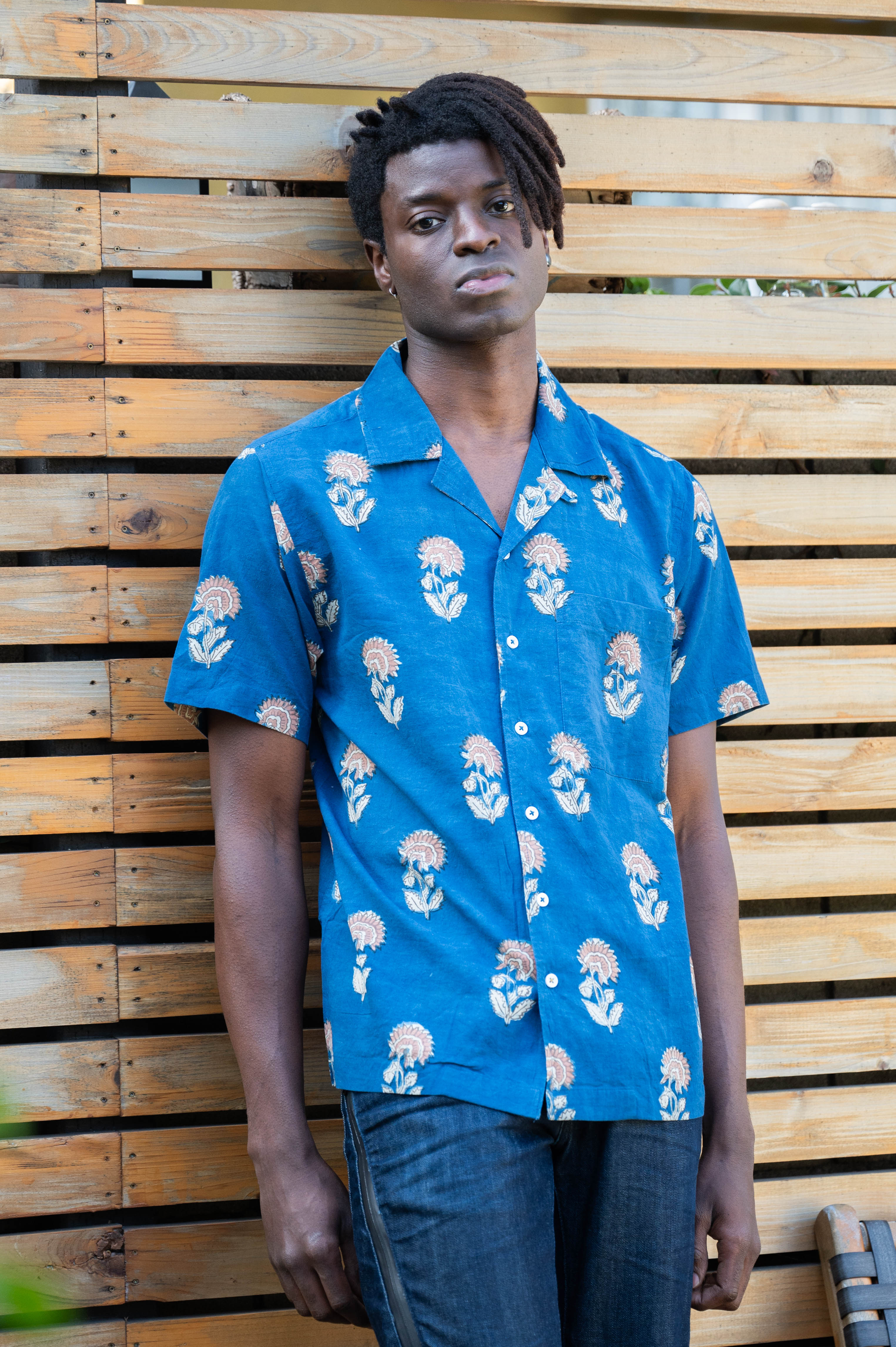 Hand Block Printed 'The Don' Camp Collar Shirt in Blue Tribal Floral Print
