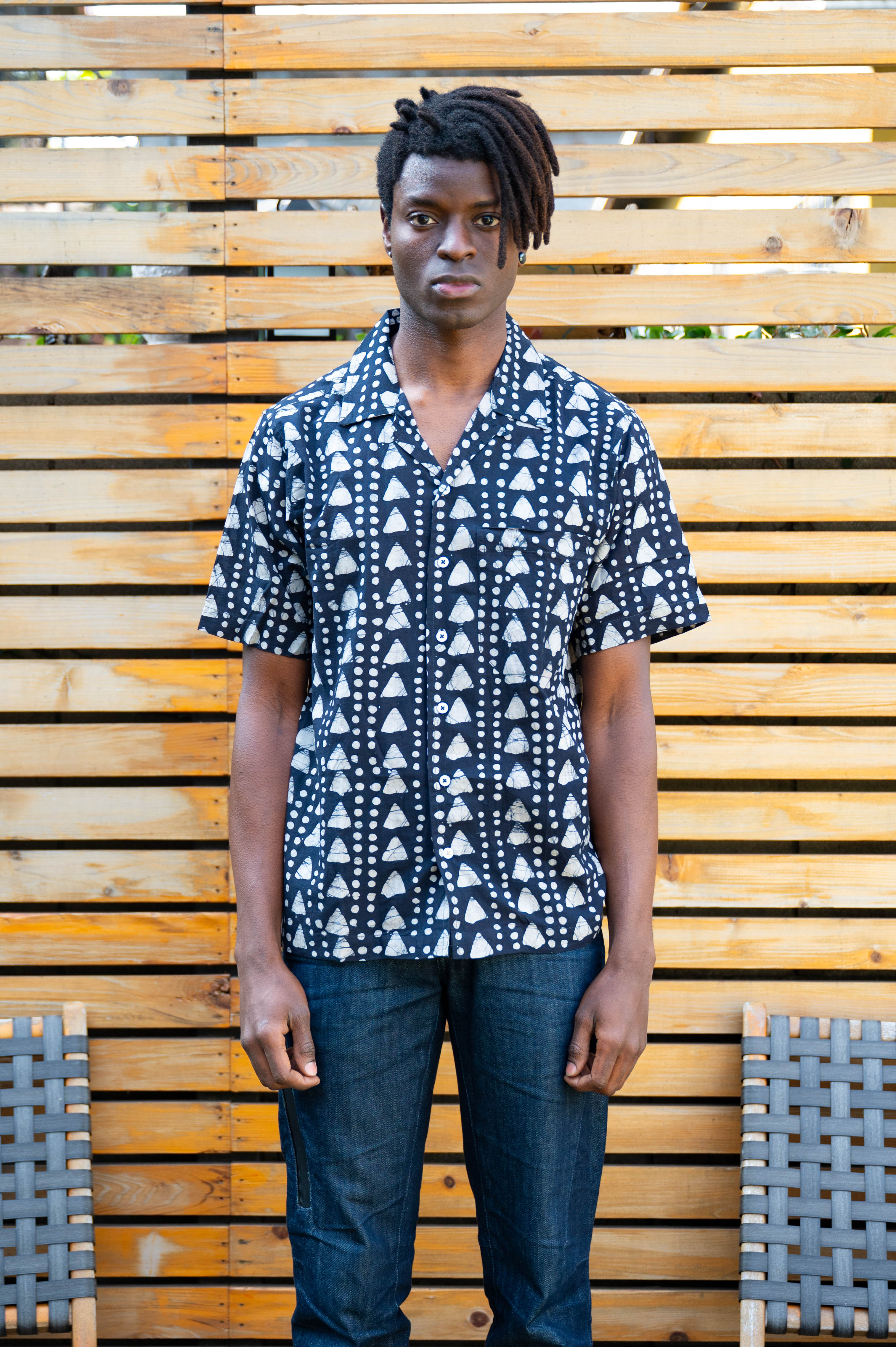 Hand Block Printed 'The Don' Camp Collar Shirt in Black Triangles Art Print