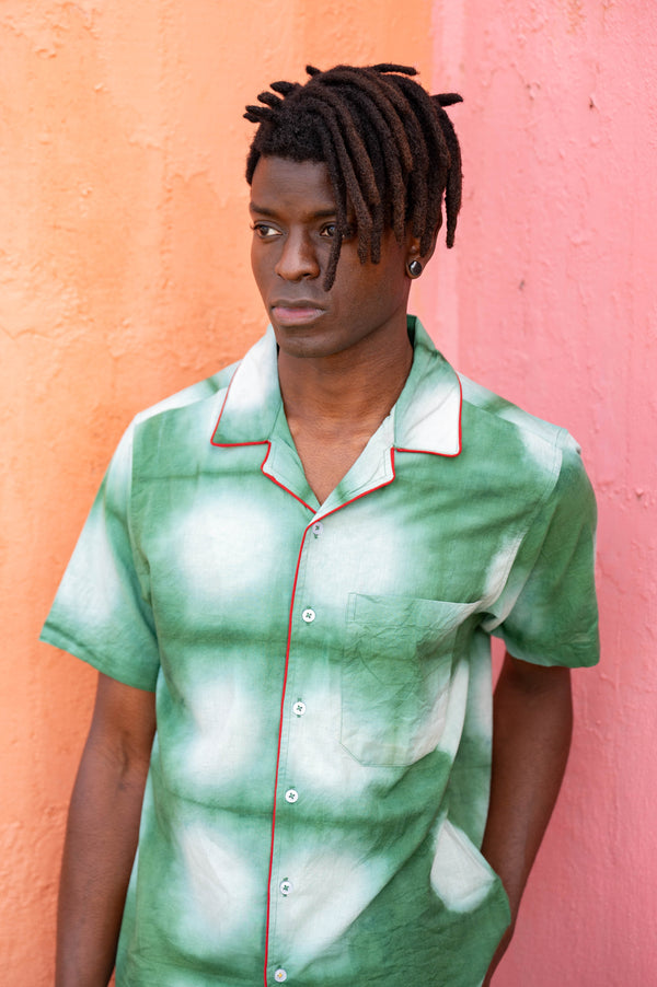 Hand Dyed 'The Don' Camp Collar Shirt in Green and White Clamp Dye with Piping