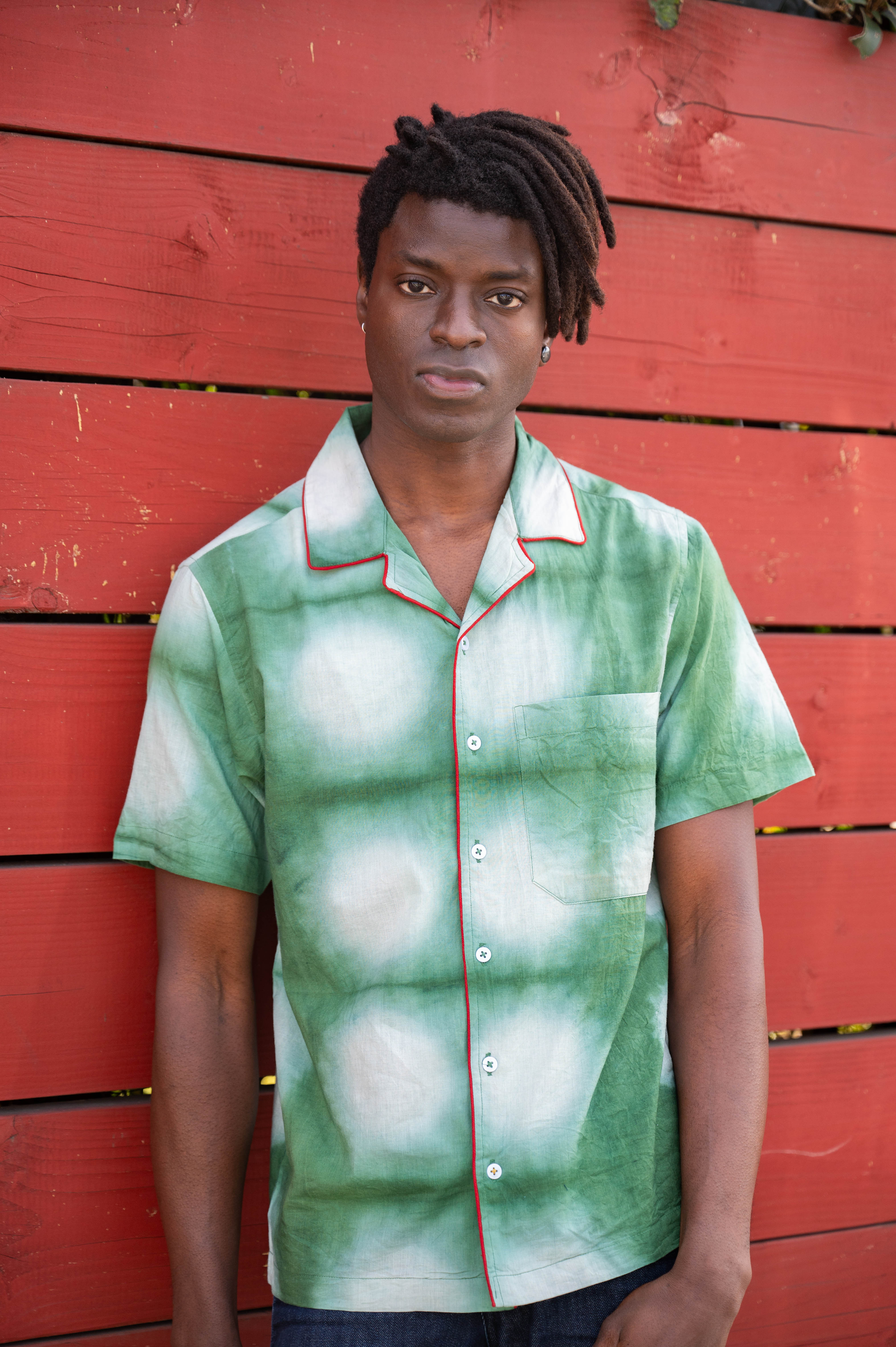 Hand Dyed 'The Don' Camp Collar Shirt in Green and White Clamp Dye with Piping