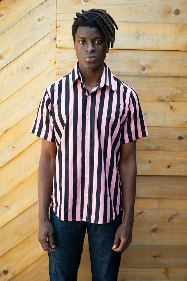 Hand Printed 'The Aby' Short Sleeve Shirt in Coral and Black Stripes