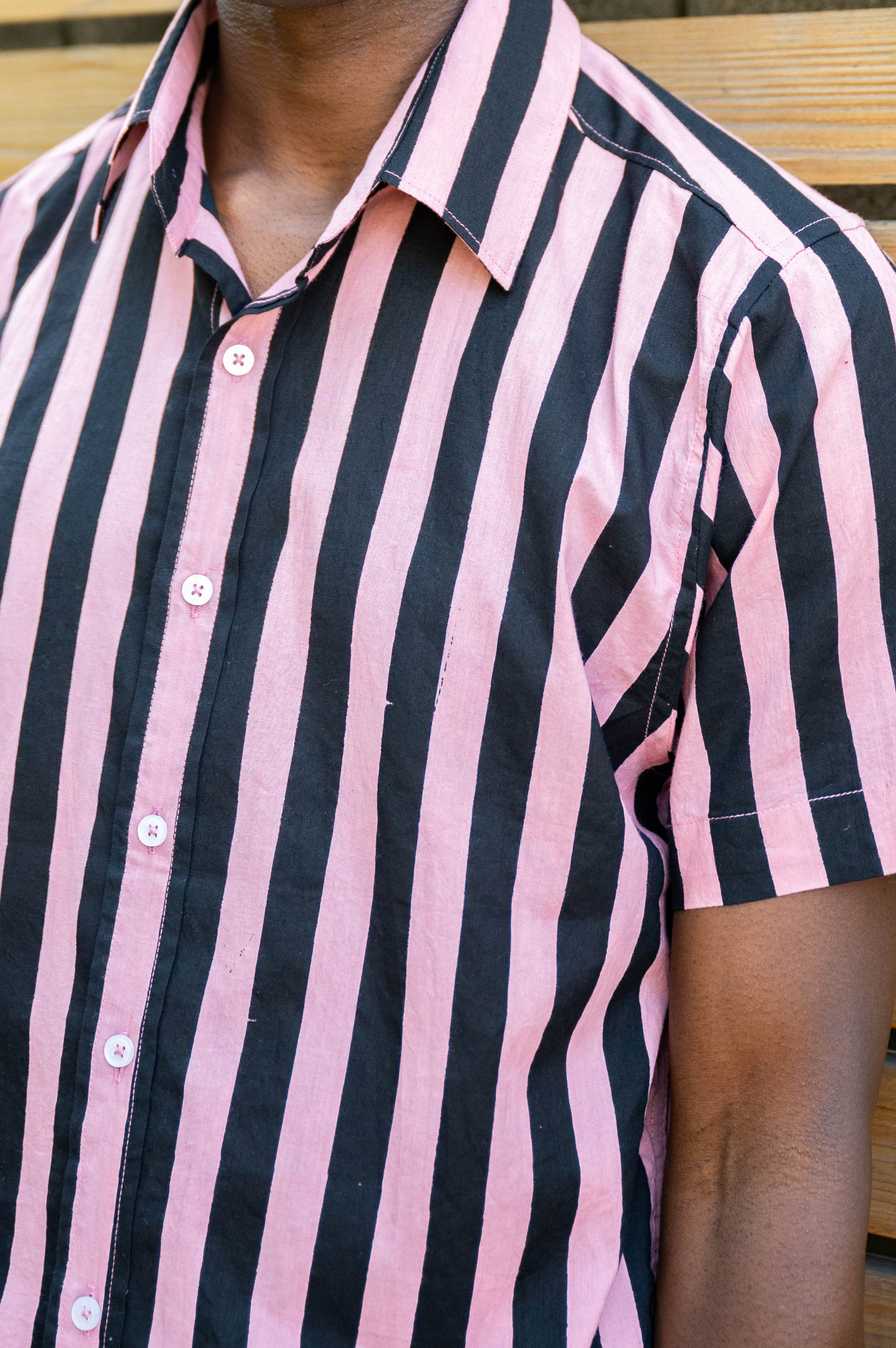 Hand Printed 'The Aby' Short Sleeve Shirt in Coral and Black Stripes