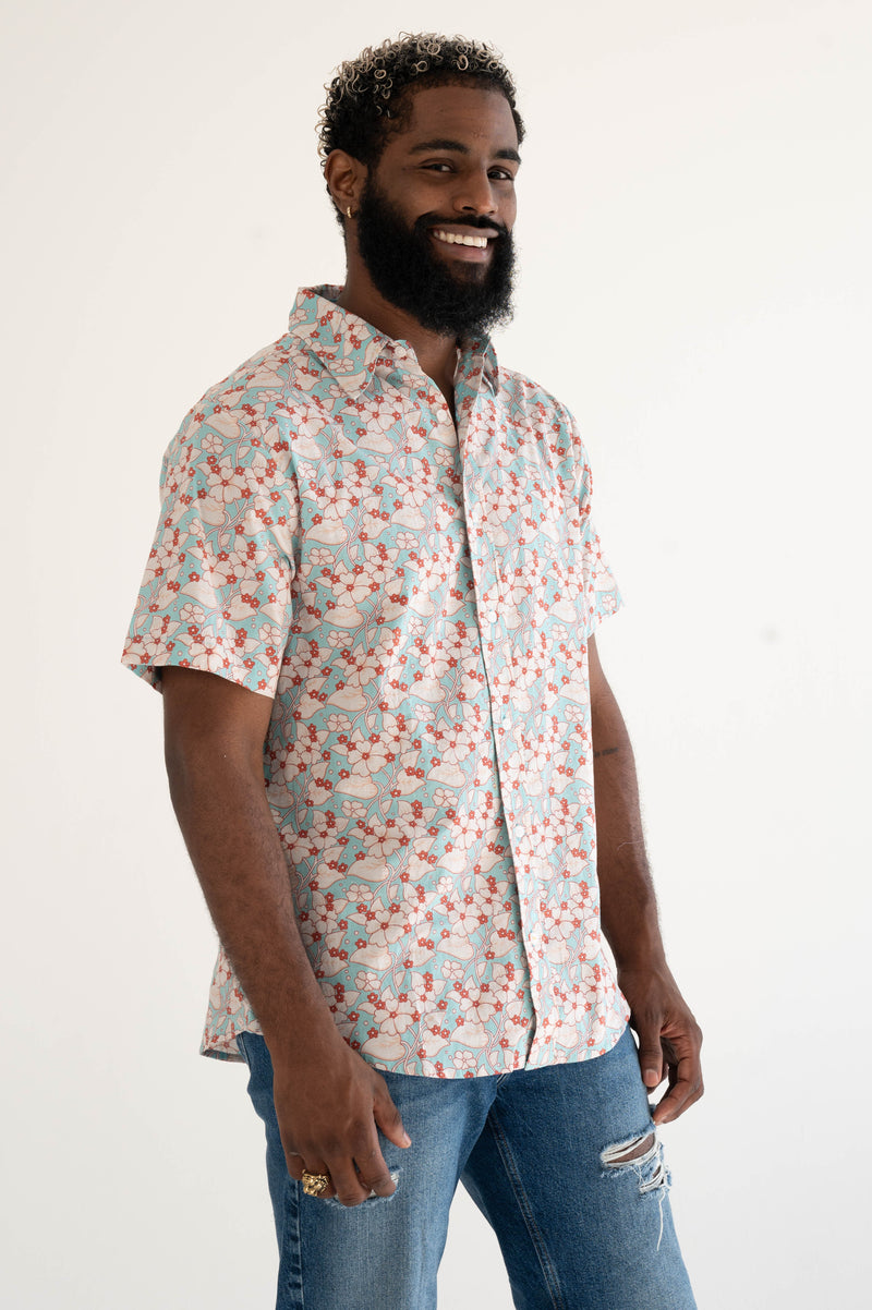 Hand Printed 'The Sheril' Short Sleeve Shirt in Turquoise and White