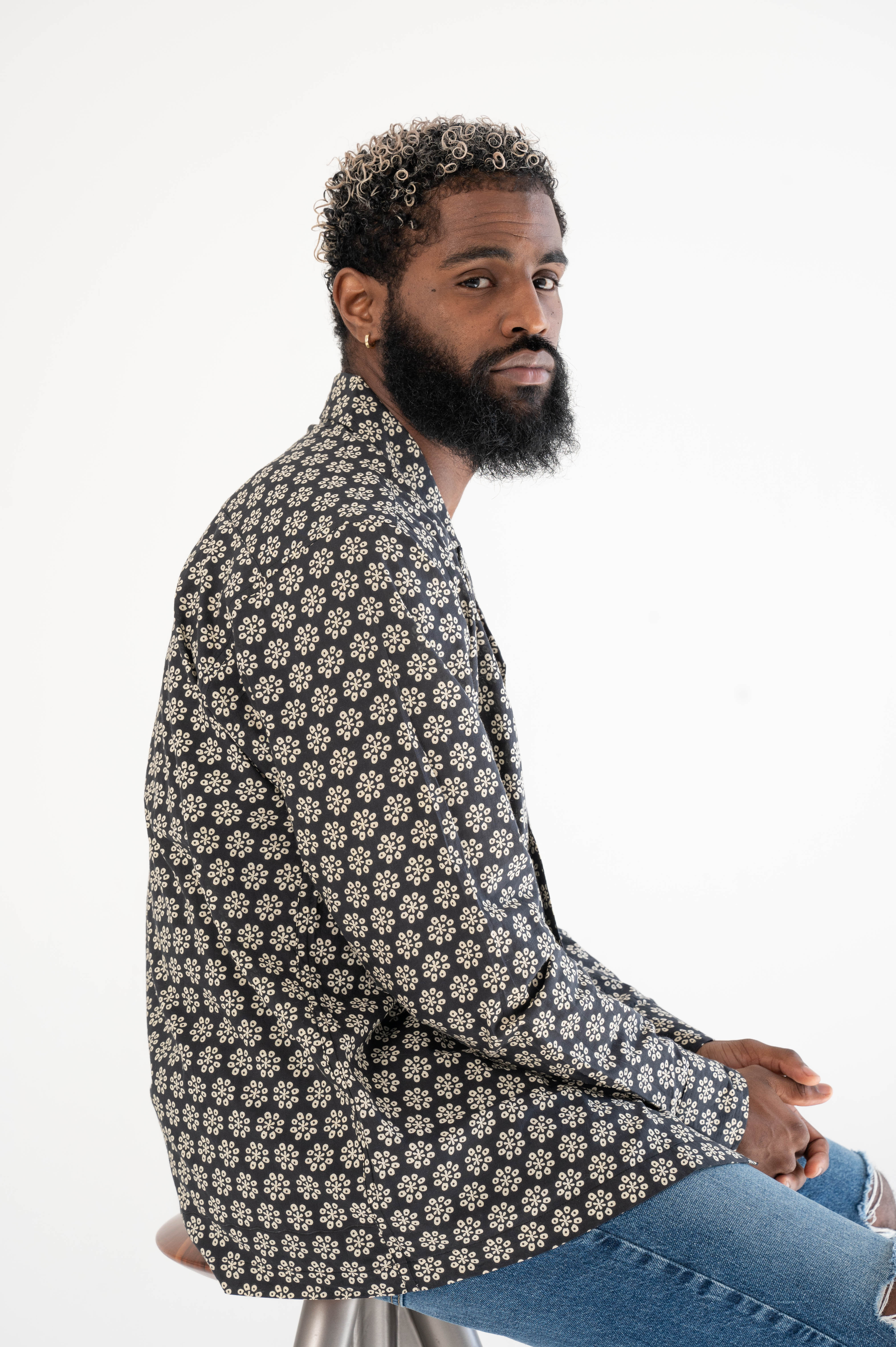Hand Printed 'The Raj' Camp Collar Shirt in Black Octagon Motif