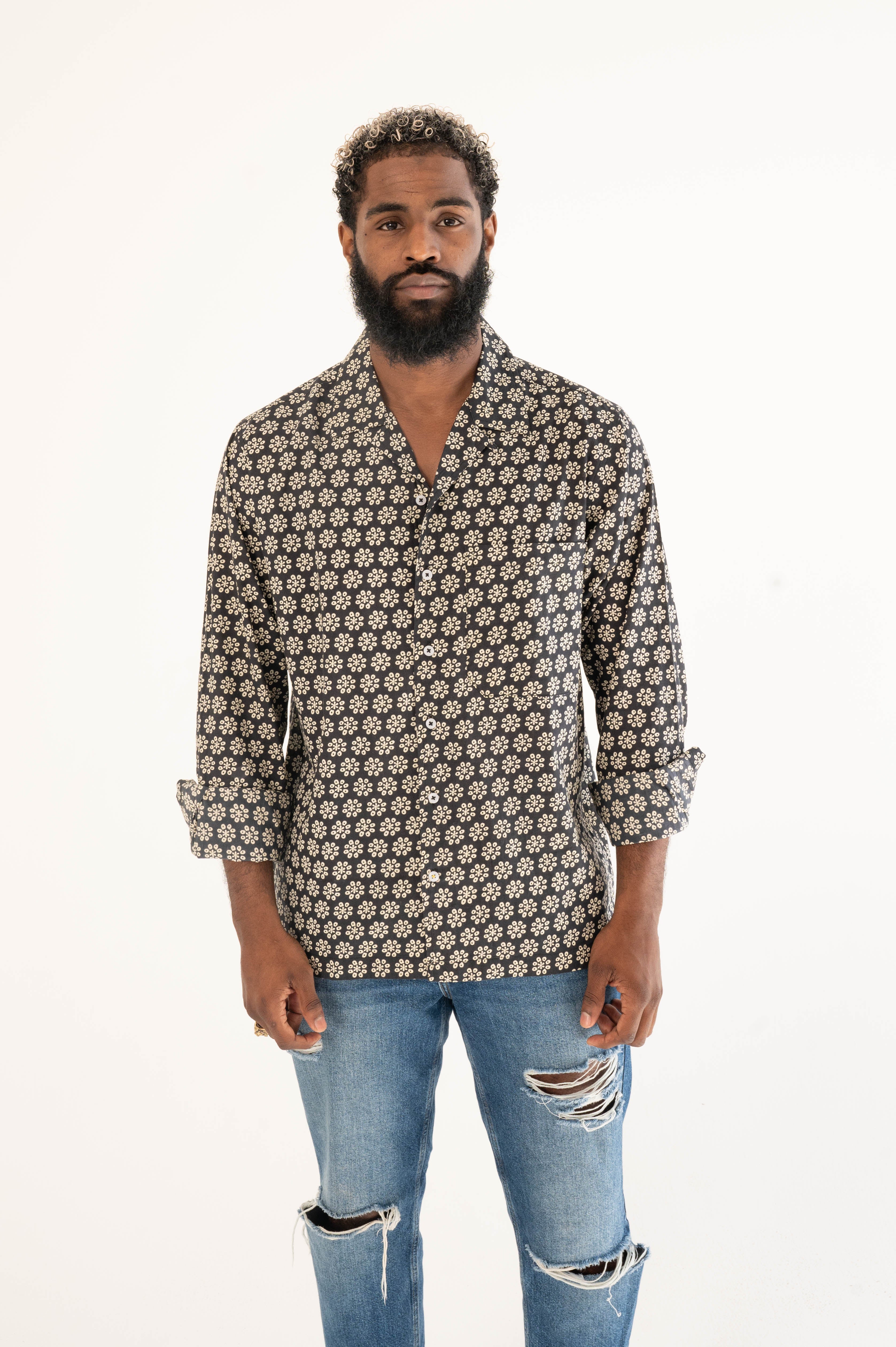 Hand Printed 'The Raj' Camp Collar Shirt in Black Octagon Motif