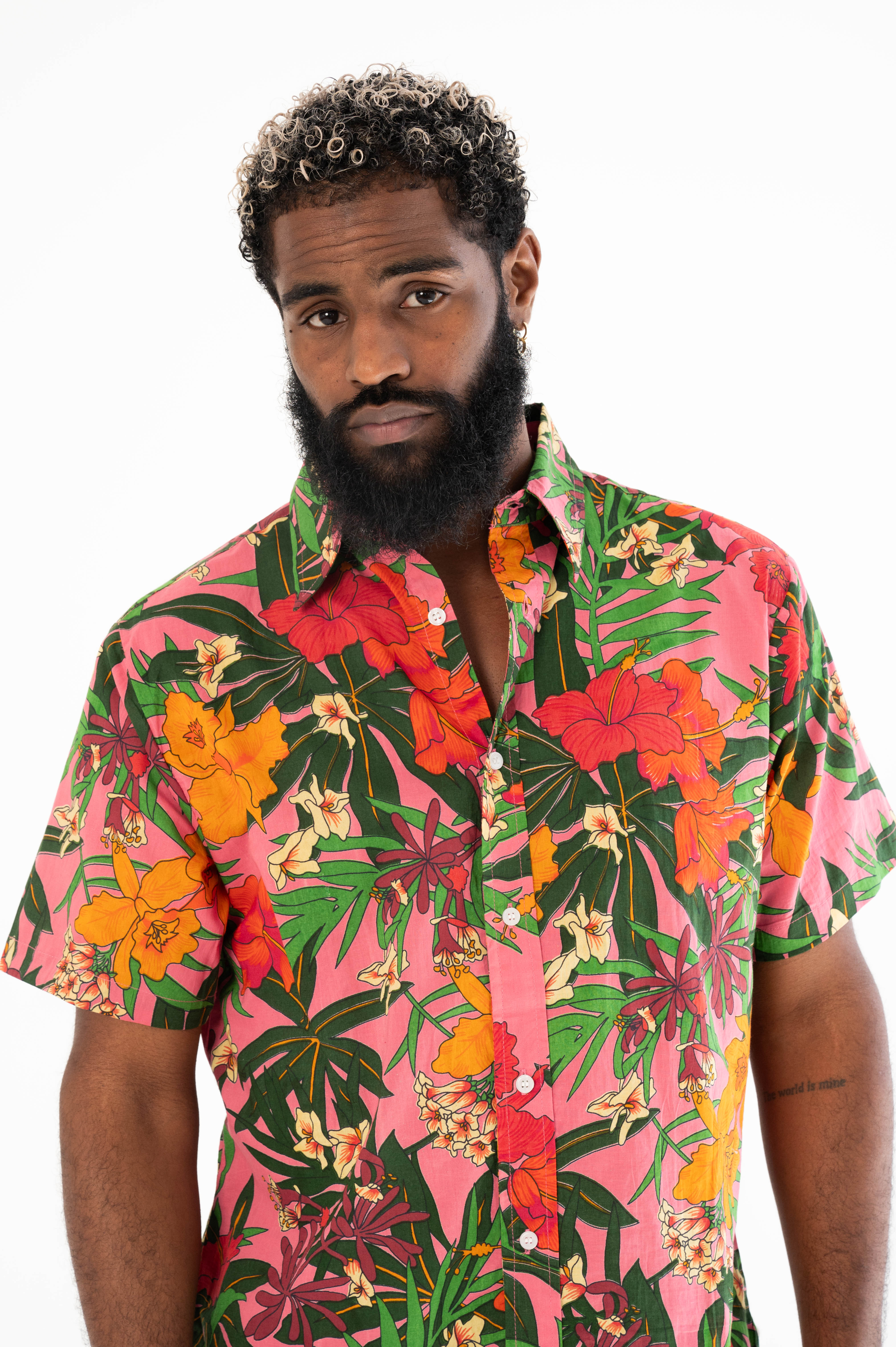 Hand Printed 'The Prat' Short Sleeve Shirt in Pink Floral print