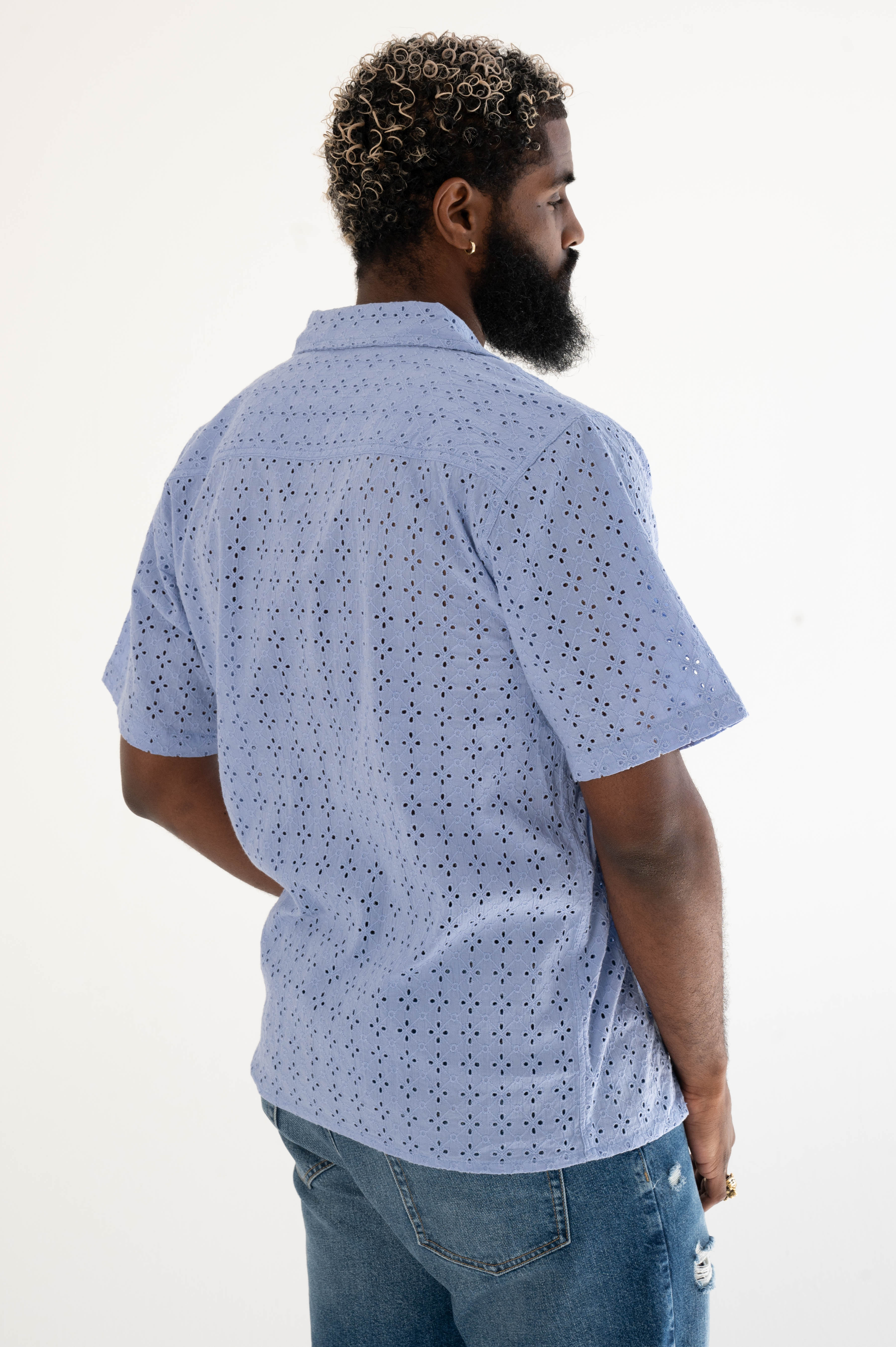 'The Don' Camp Collar Shirt in Periwinkle Blue Eyelet Fabric