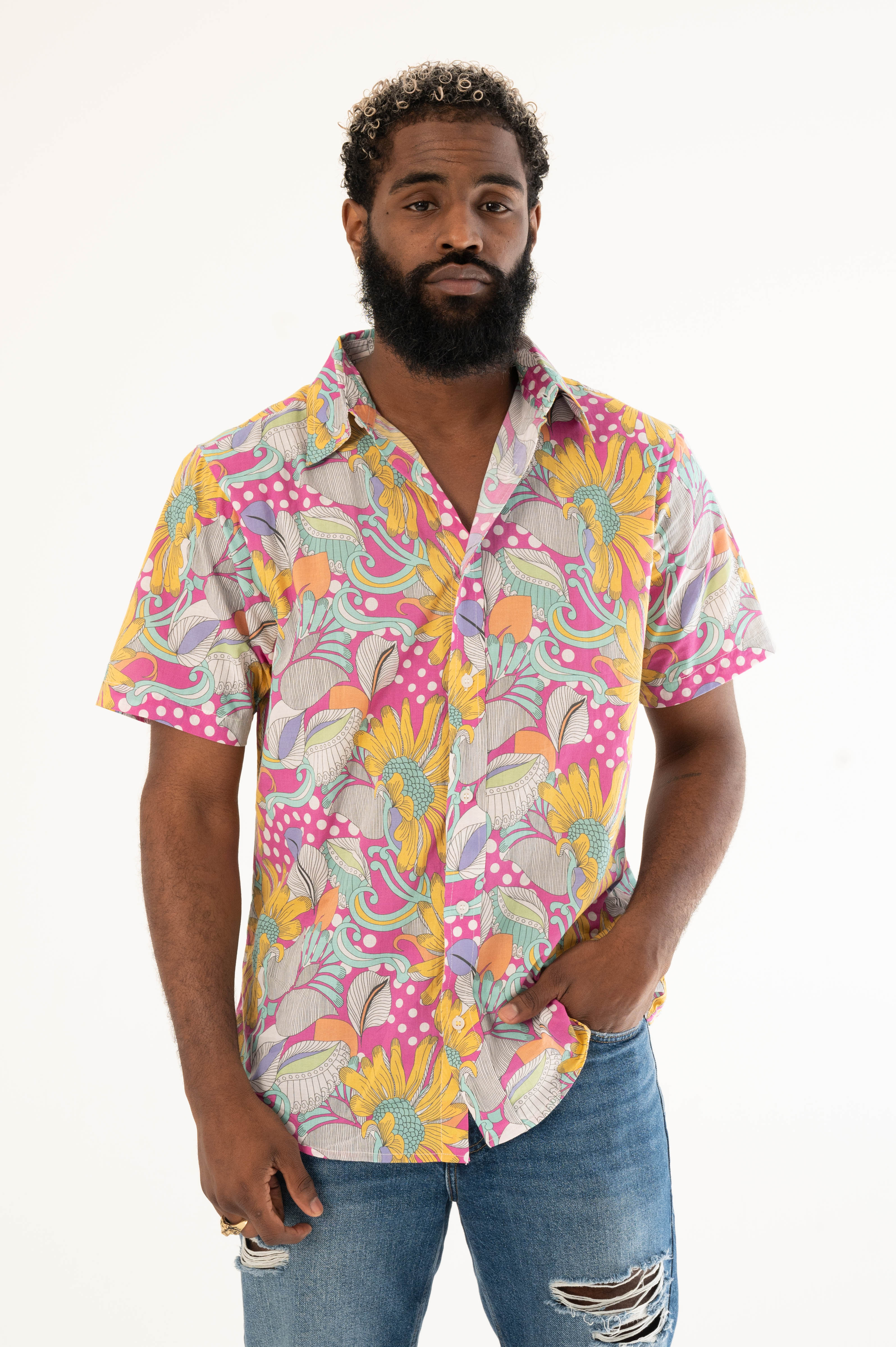 'The Sheril' Short Sleeve Shirt in Light Pink, Yellow and White (La Brea) Floral Print