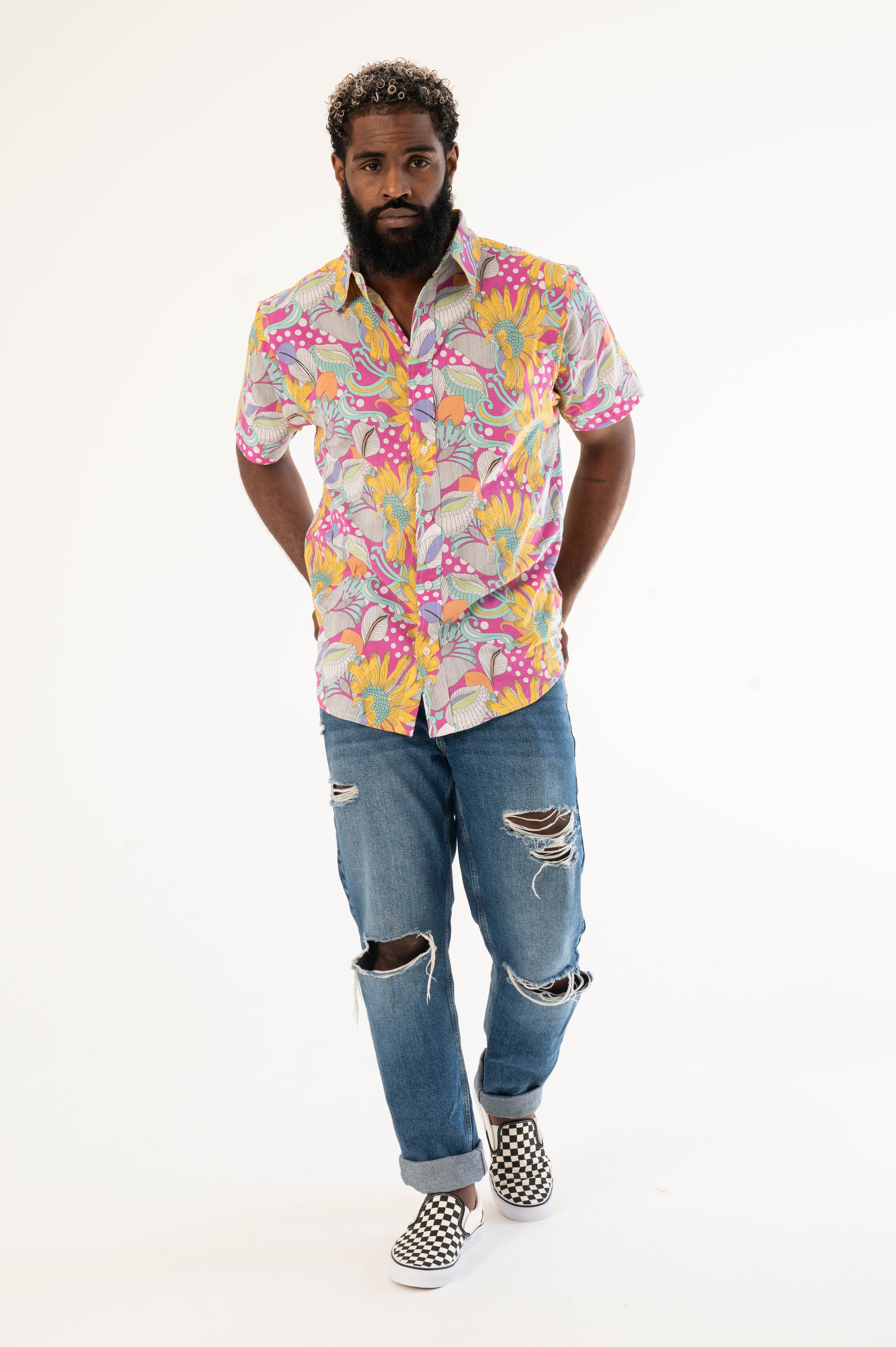 'The Sheril' Short Sleeve Shirt in Light Pink, Yellow and White (La Brea) Floral Print