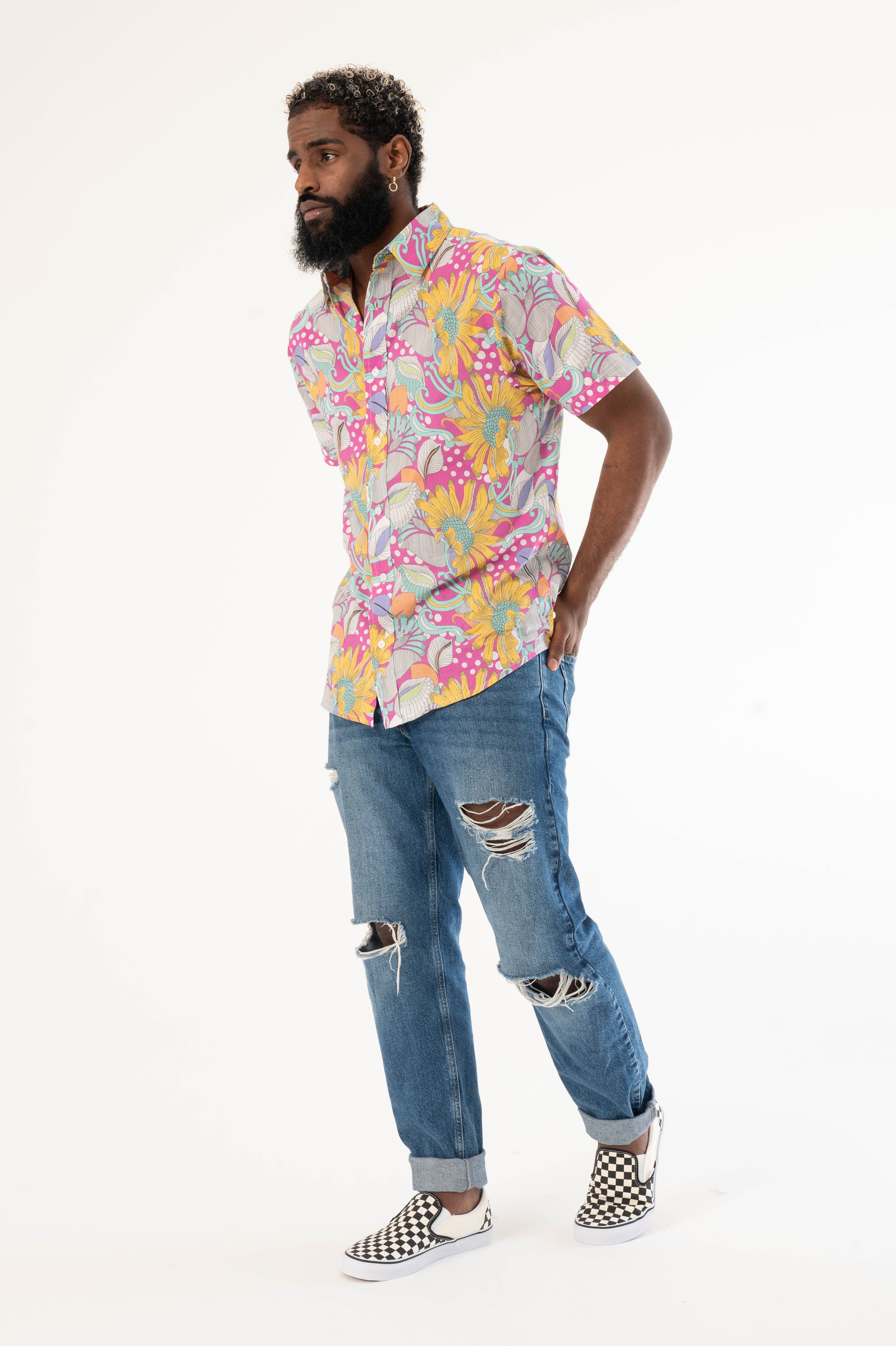 'The Sheril' Short Sleeve Shirt in Light Pink, Yellow and White (La Brea) Floral Print