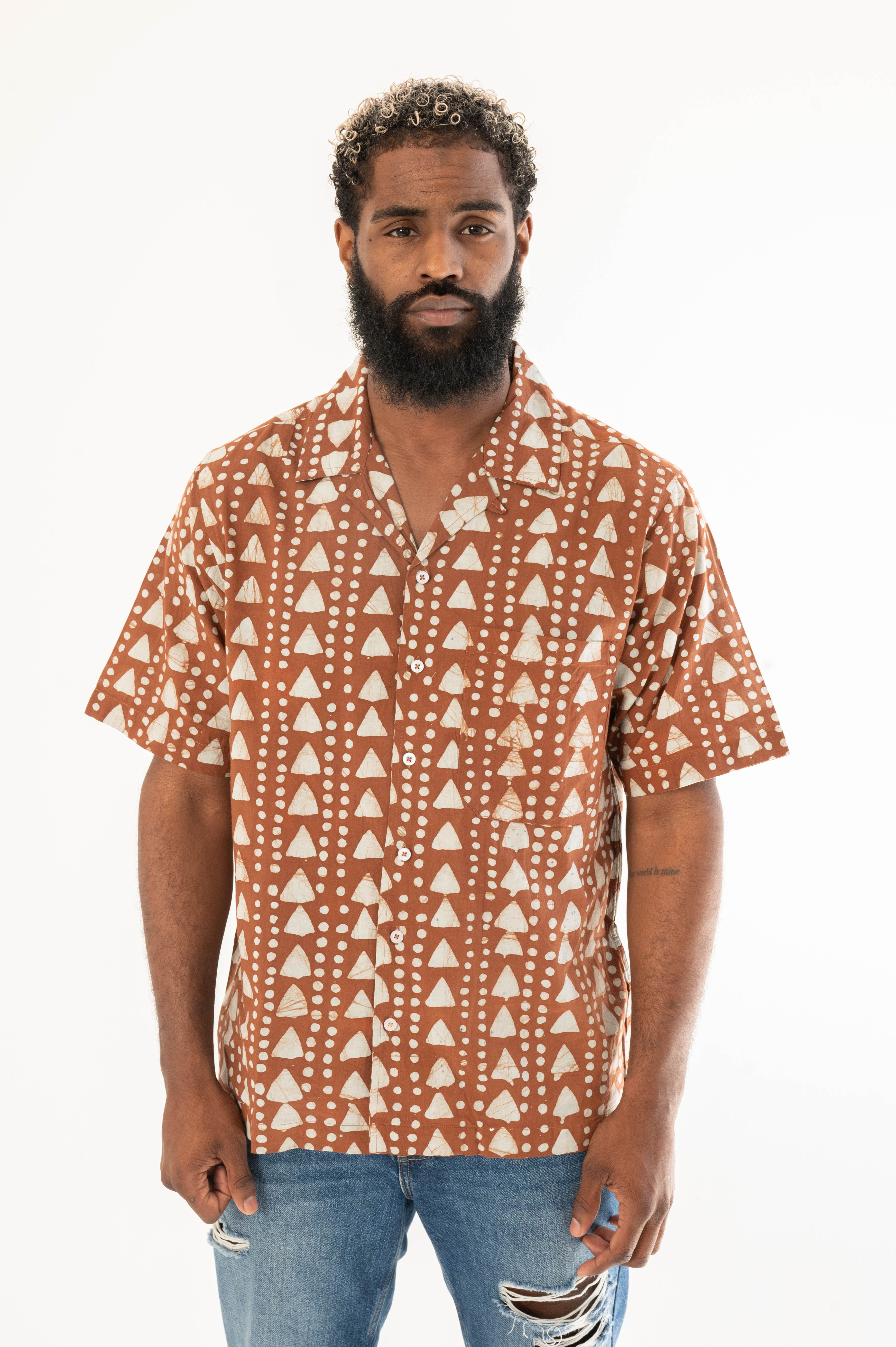 Hand Block Printed 'The Don' Camp Collar Shirt in Khaki Triangles Art Print